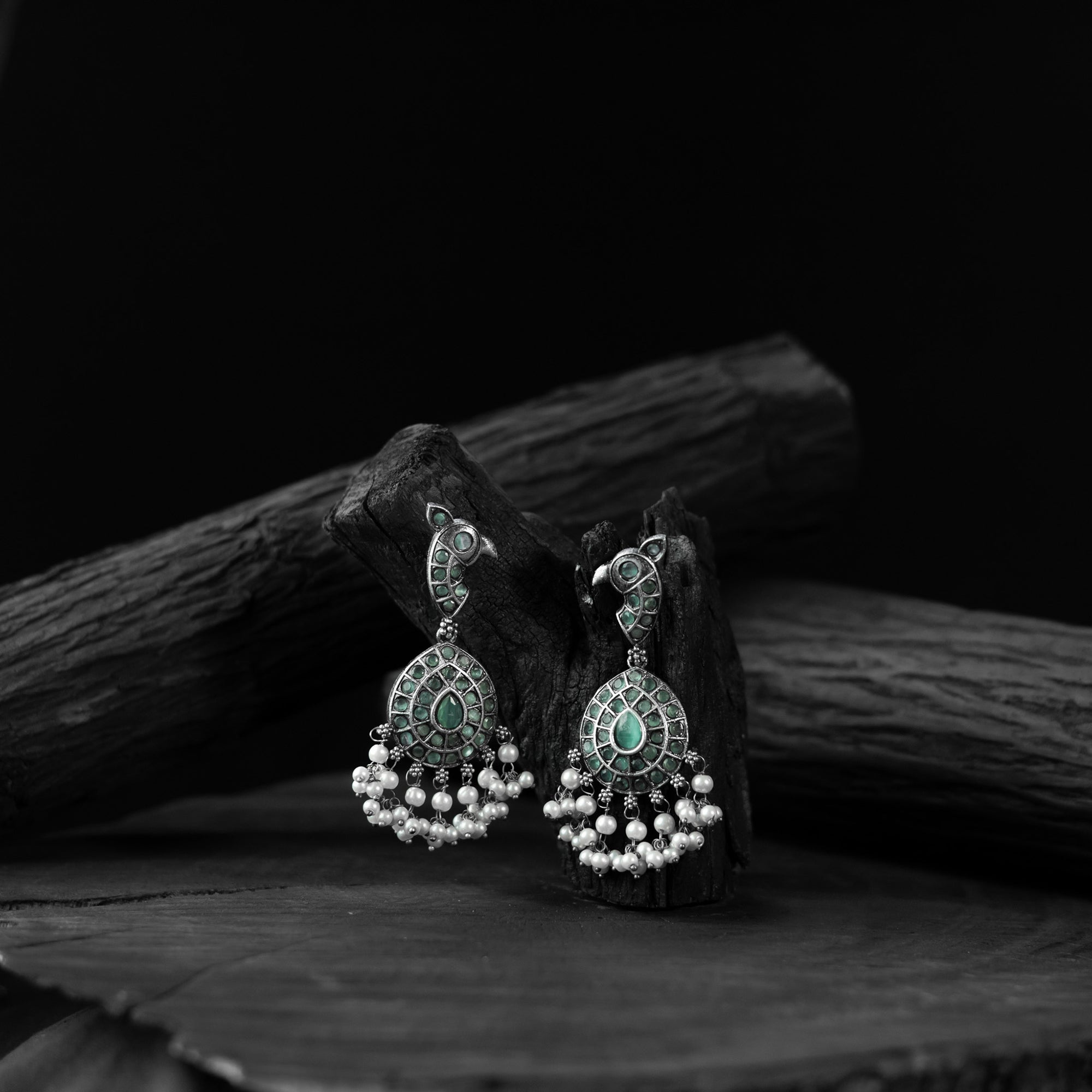 Peacock Saanjh Bela Mint Green Oxidised Earrings
