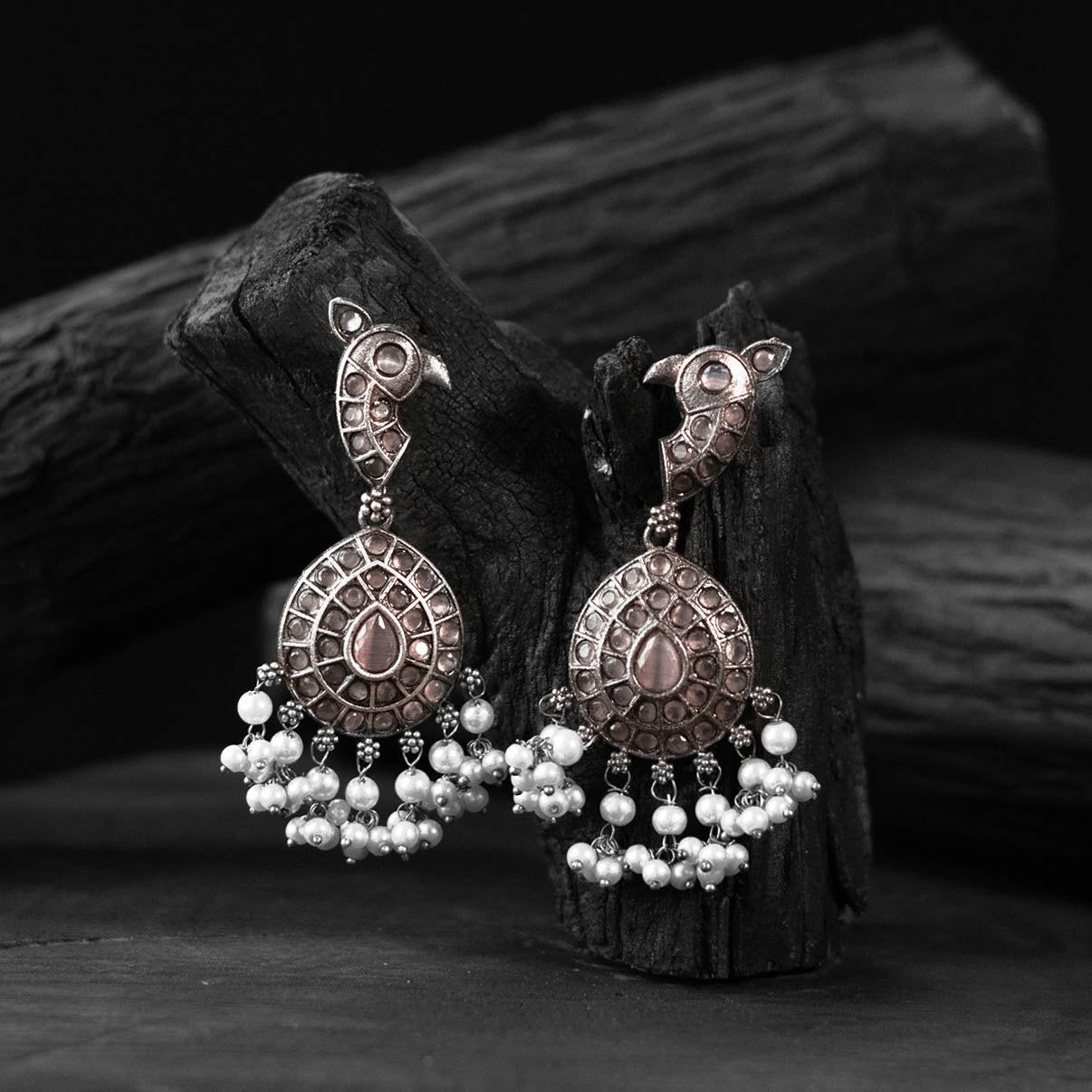 Peacock Saanjh Bela Peach Oxidised Earrings