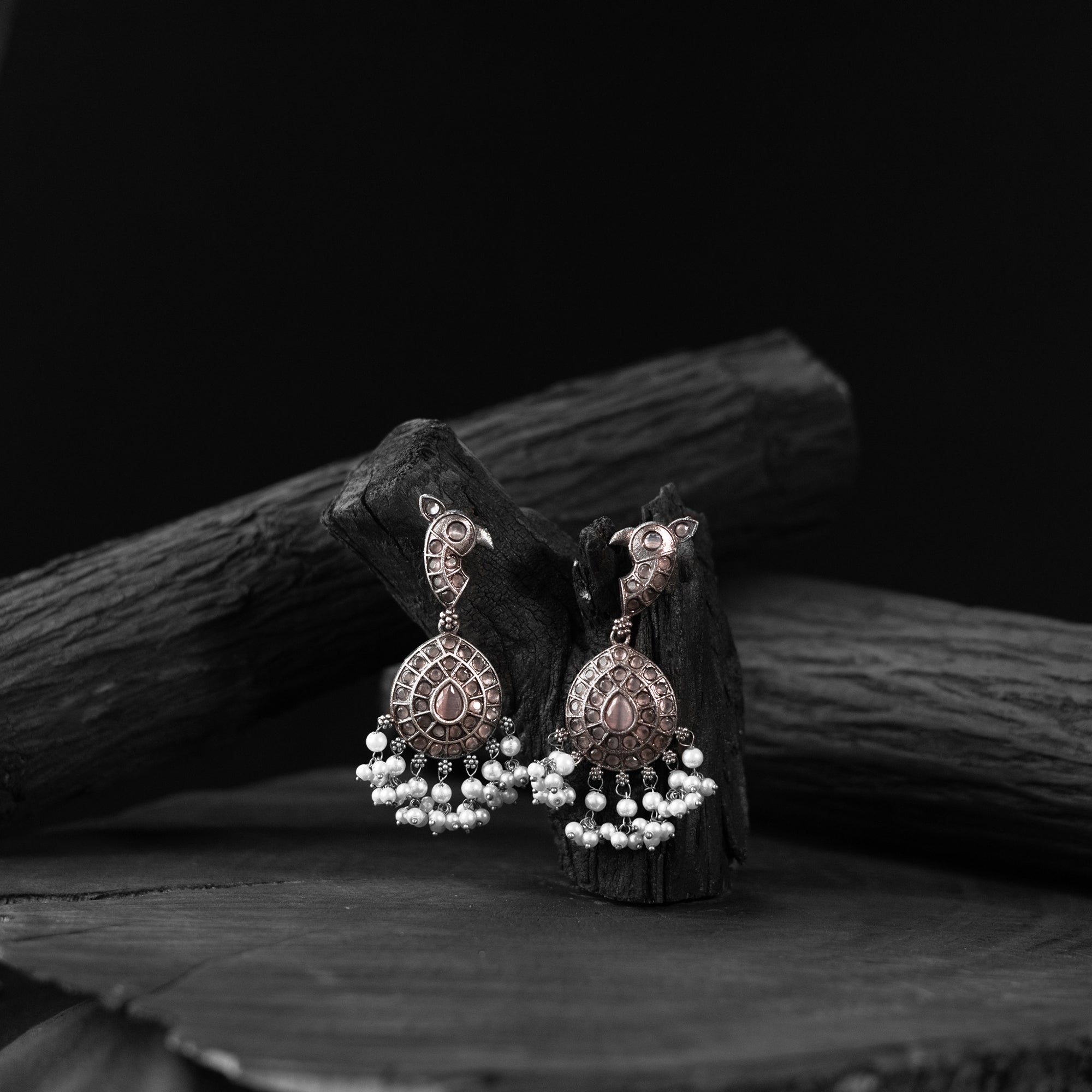Peacock Saanjh Bela Peach Oxidised Earrings