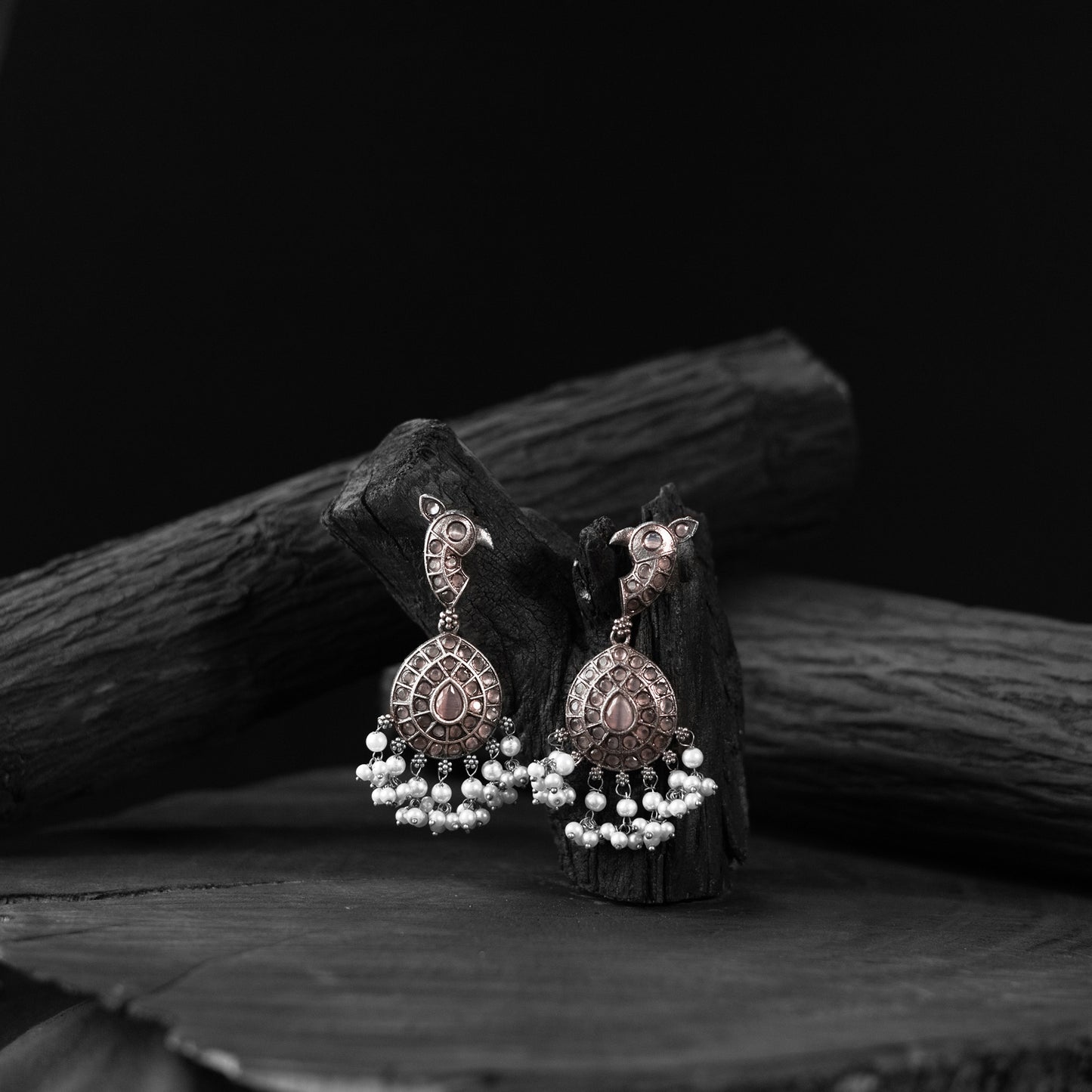 Peacock Saanjh Bela Peach Oxidised Earrings