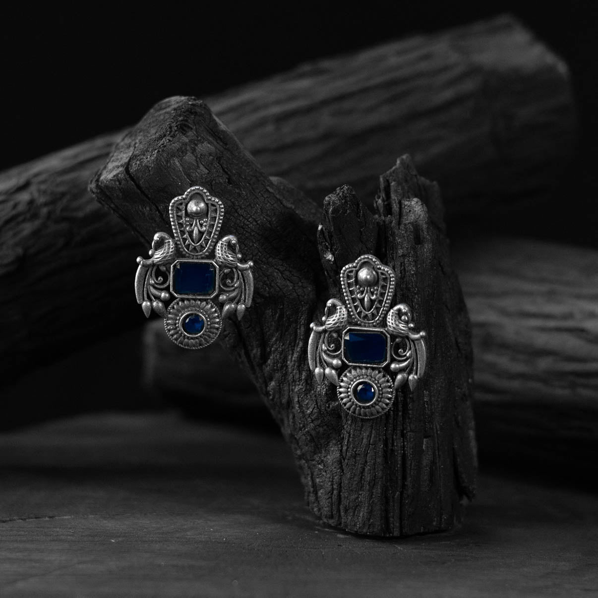 Peacock Saanjh Bela Blue Oxidised Earrings