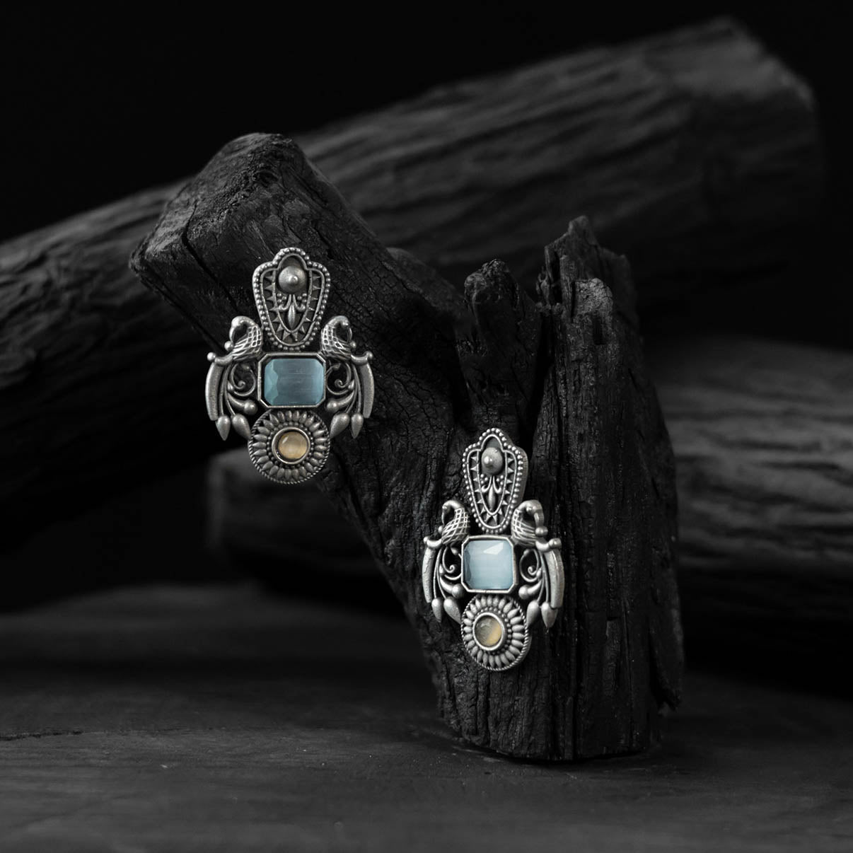 Peacock Saanjh Bela Sky Blue Oxidised Earrings
