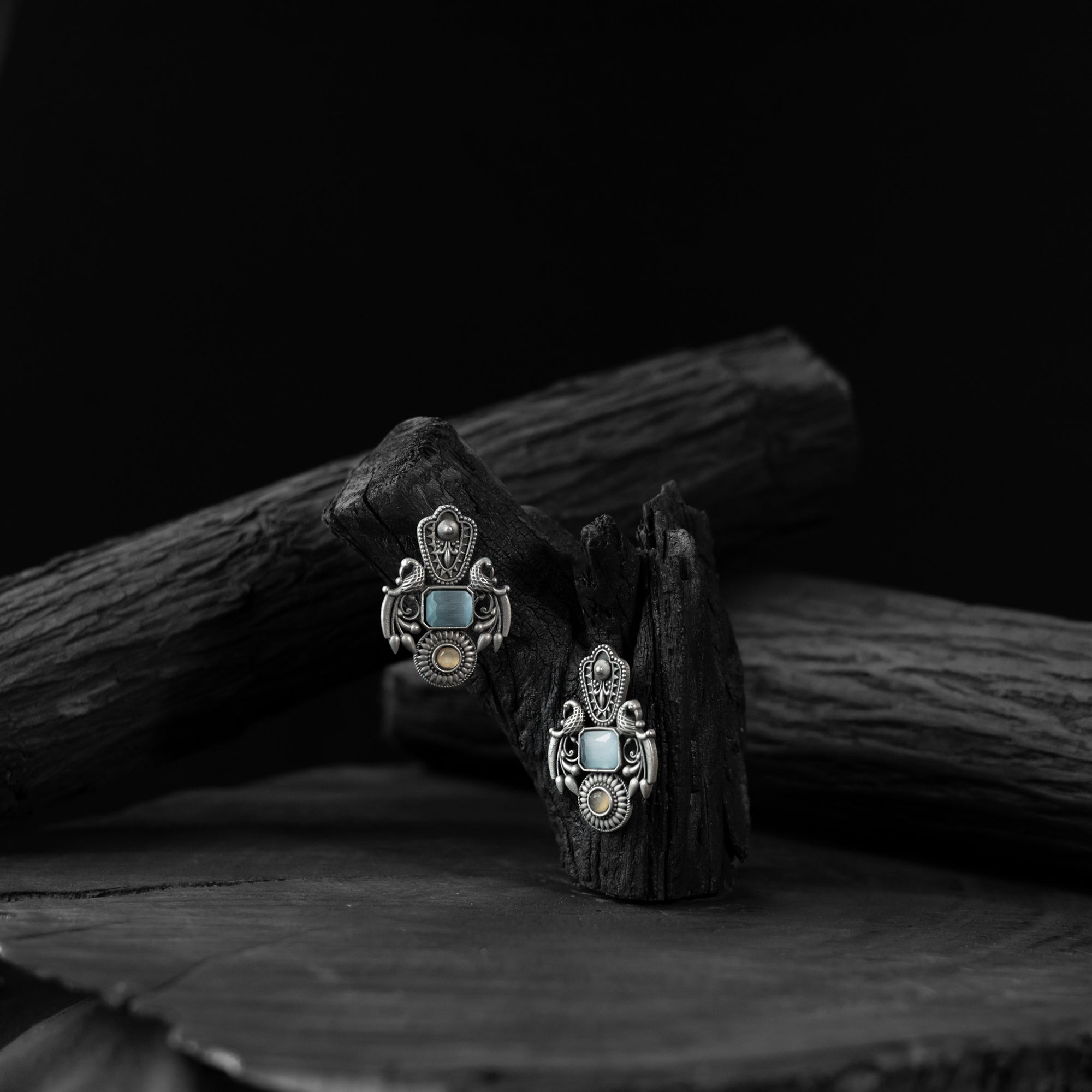Peacock Saanjh Bela Sky Blue Oxidised Earrings