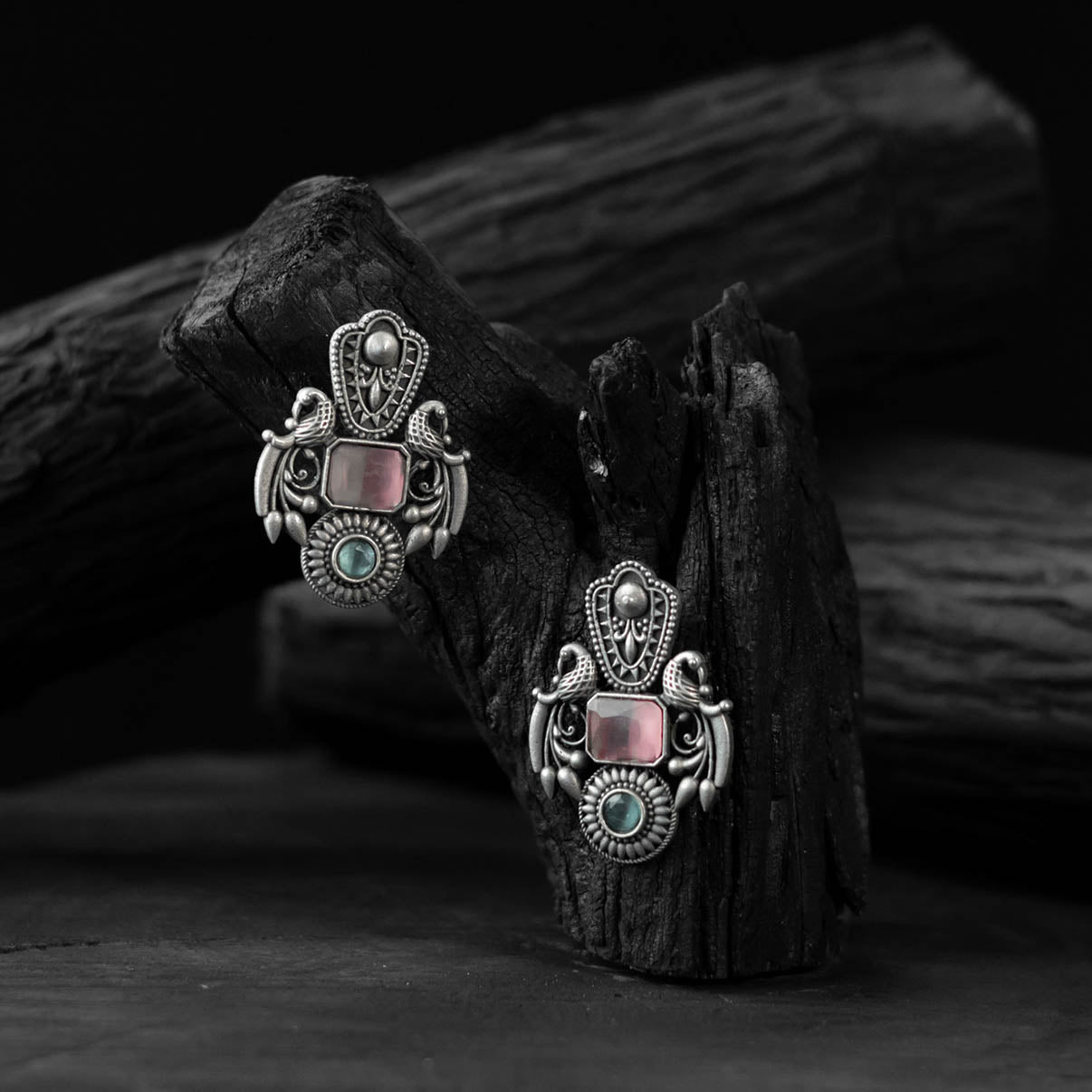 Peacock Saanjh Bela Pink Oxidised Earrings