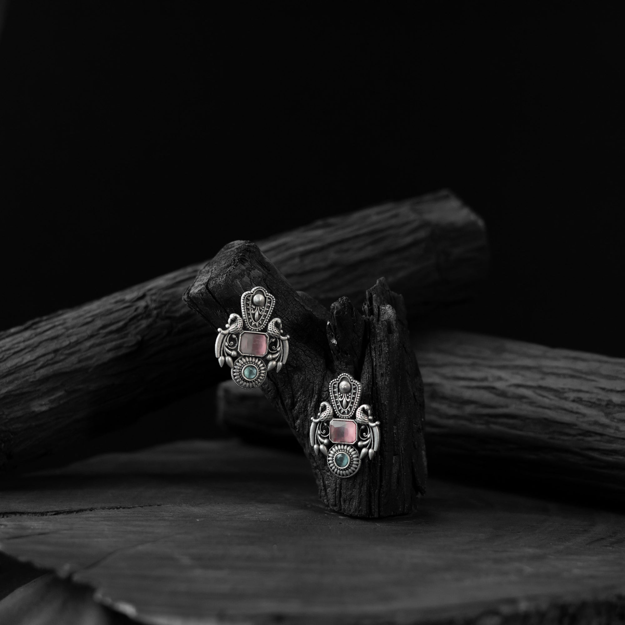 Peacock Saanjh Bela Pink Oxidised Earrings