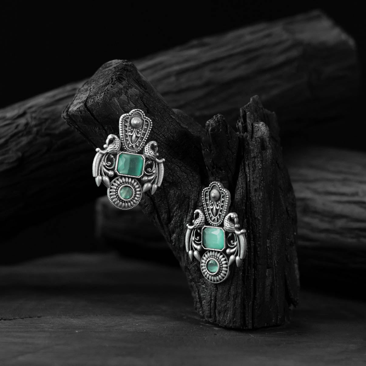 Mint Green Saanjh Bela Peacock Oxidised Earrings