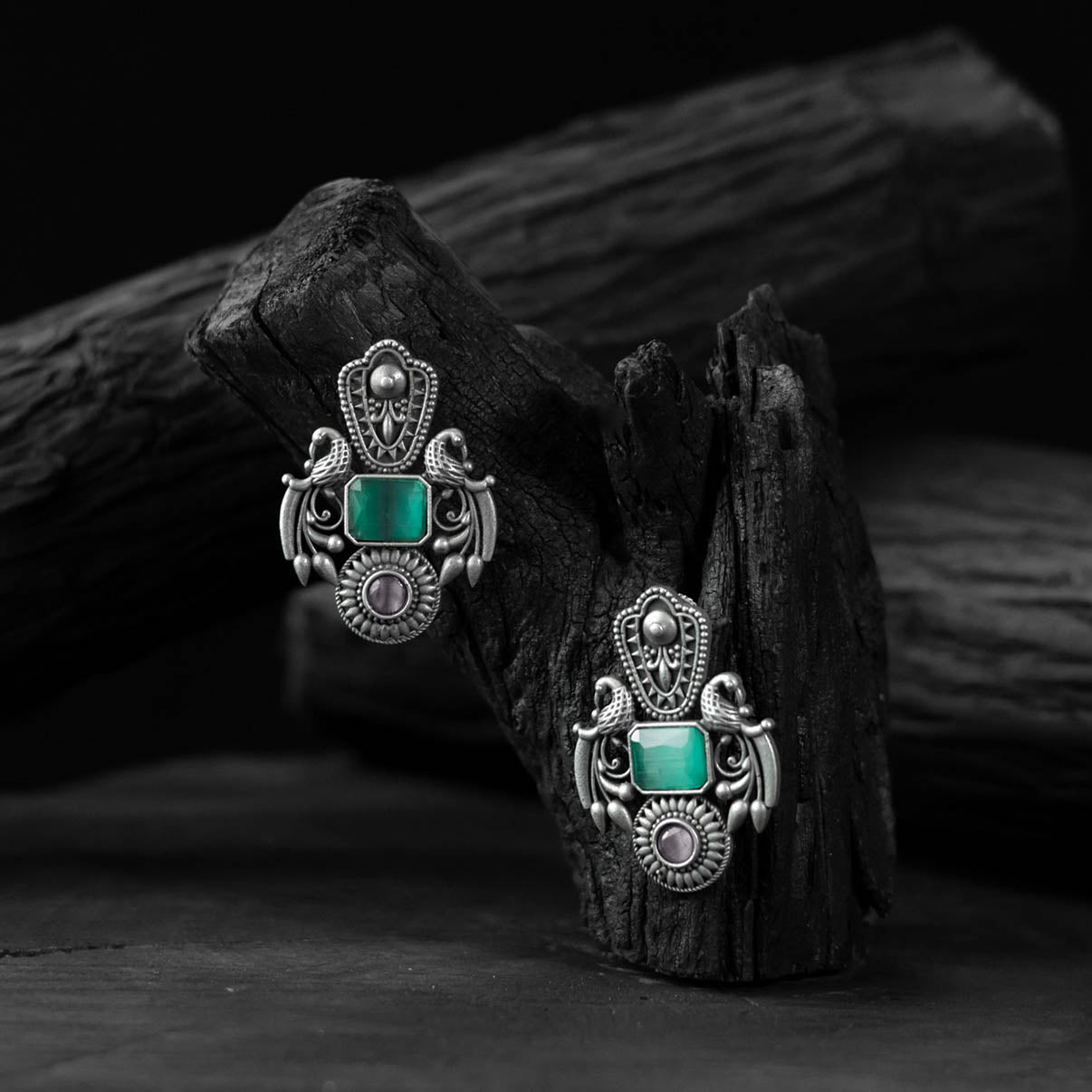 Peacock Saanjh Bela Turquoise Green Oxidised Earrings