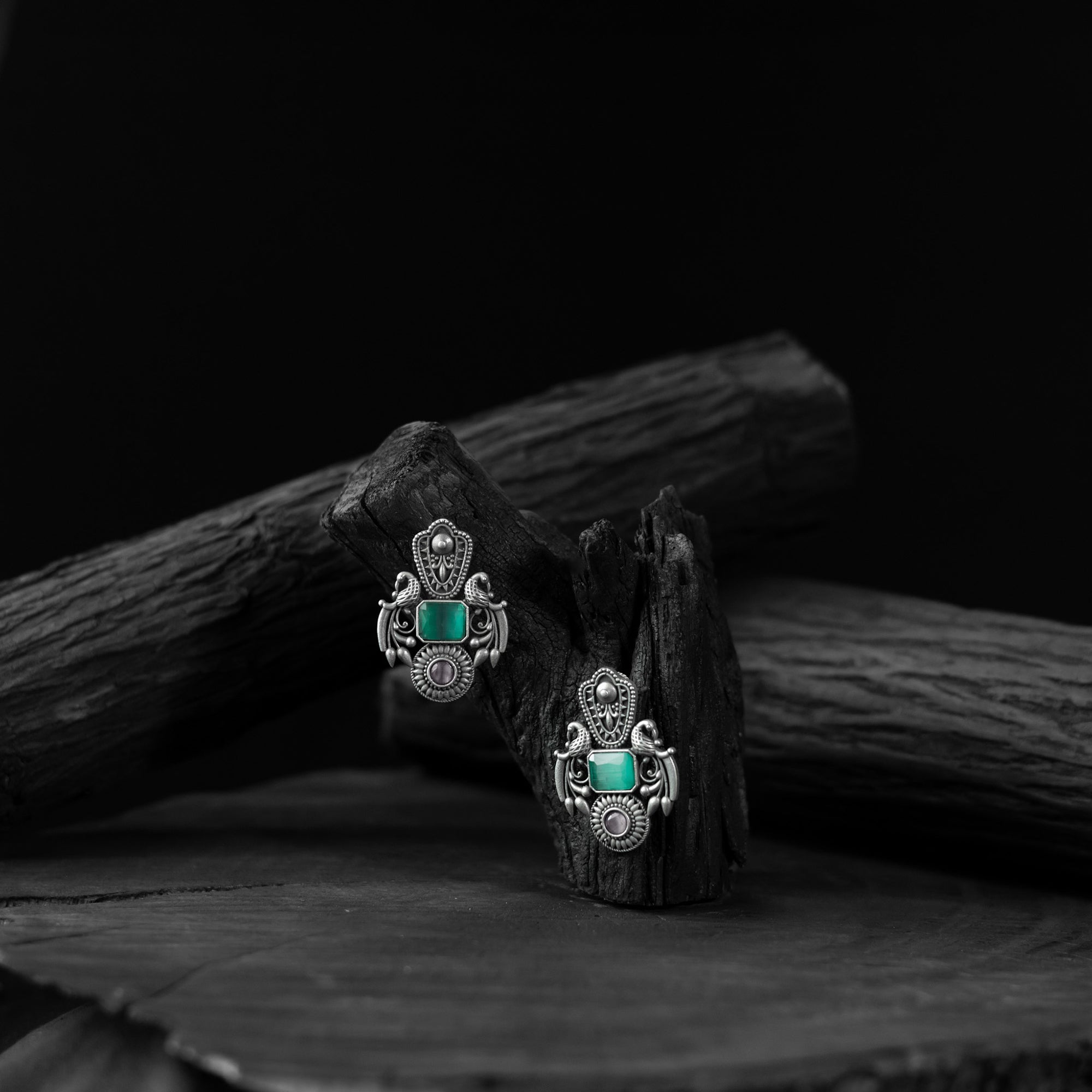 Peacock Saanjh Bela Turquoise Green Oxidised Earrings