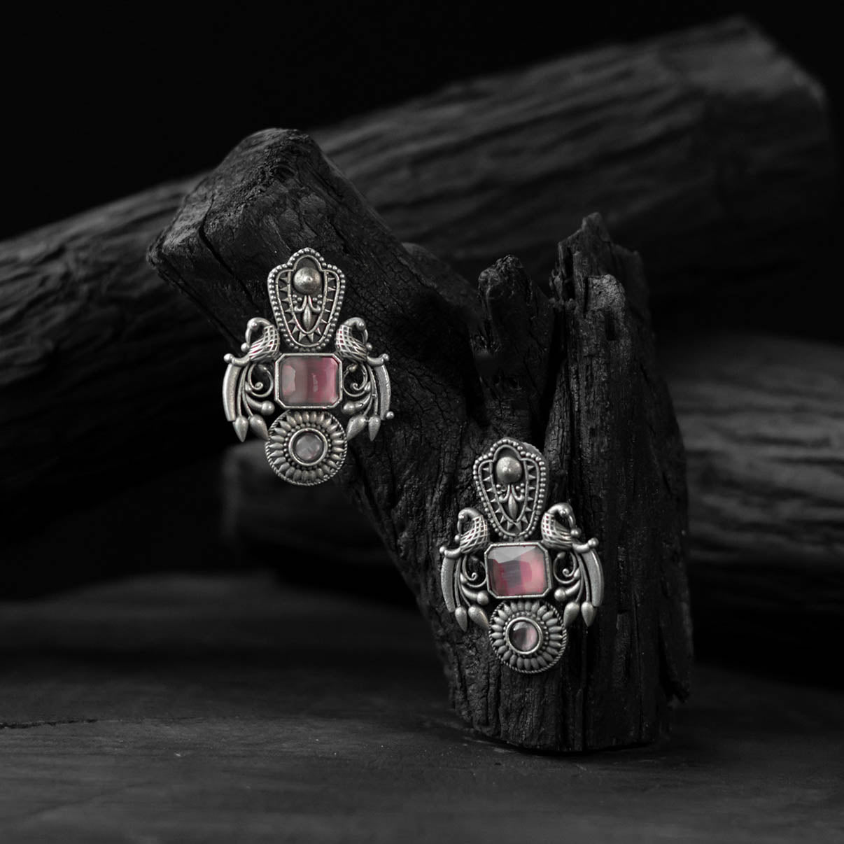 Saanjh Bela Pink Mayuri Oxidised Earrings