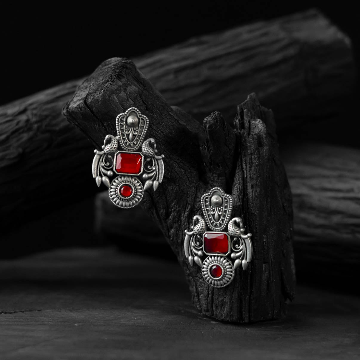 Saanjh Bela Red Mayuri Oxidised Earrings