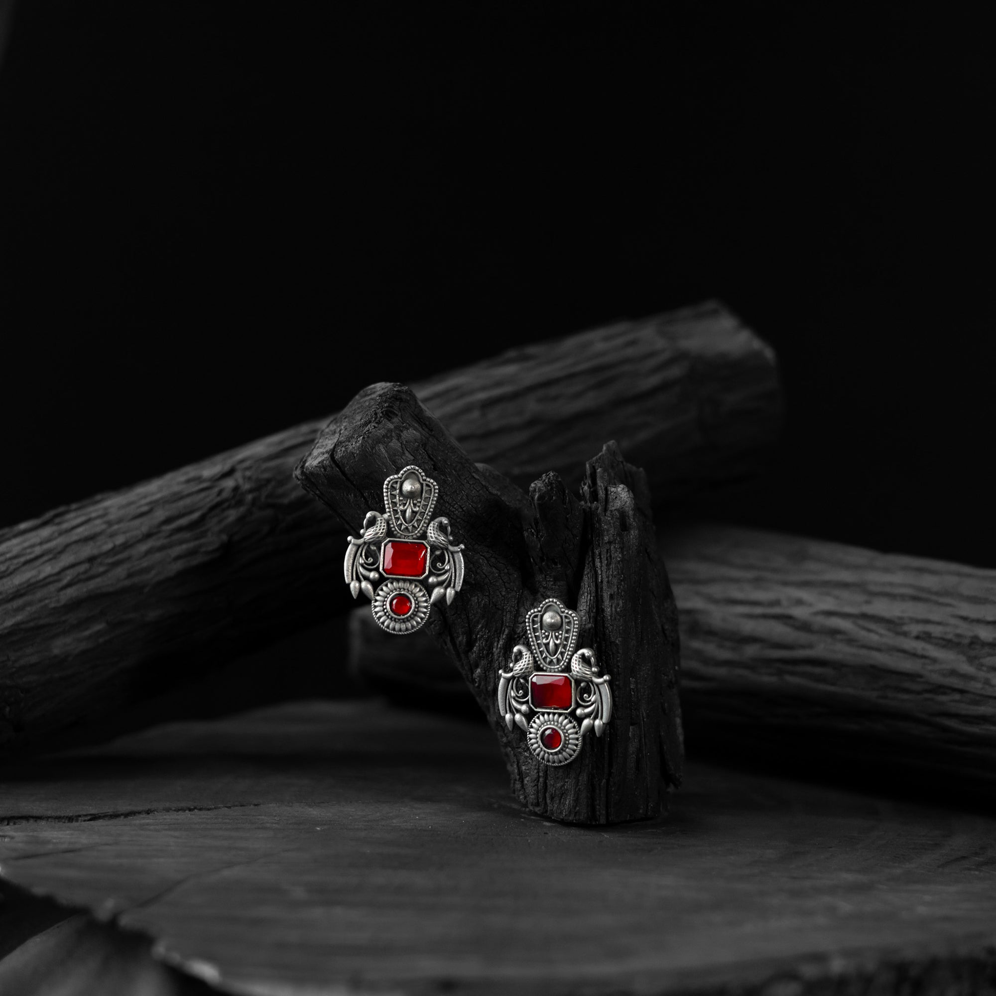 Saanjh Bela Red Mayuri Oxidised Earrings