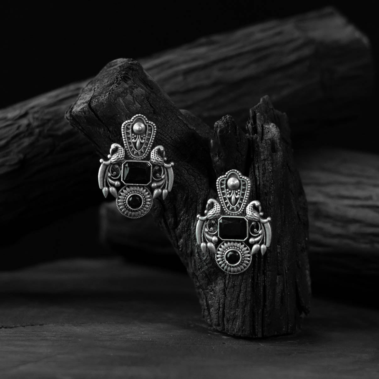 Saanjh Bela Black Mayuri Oxidised Earrings