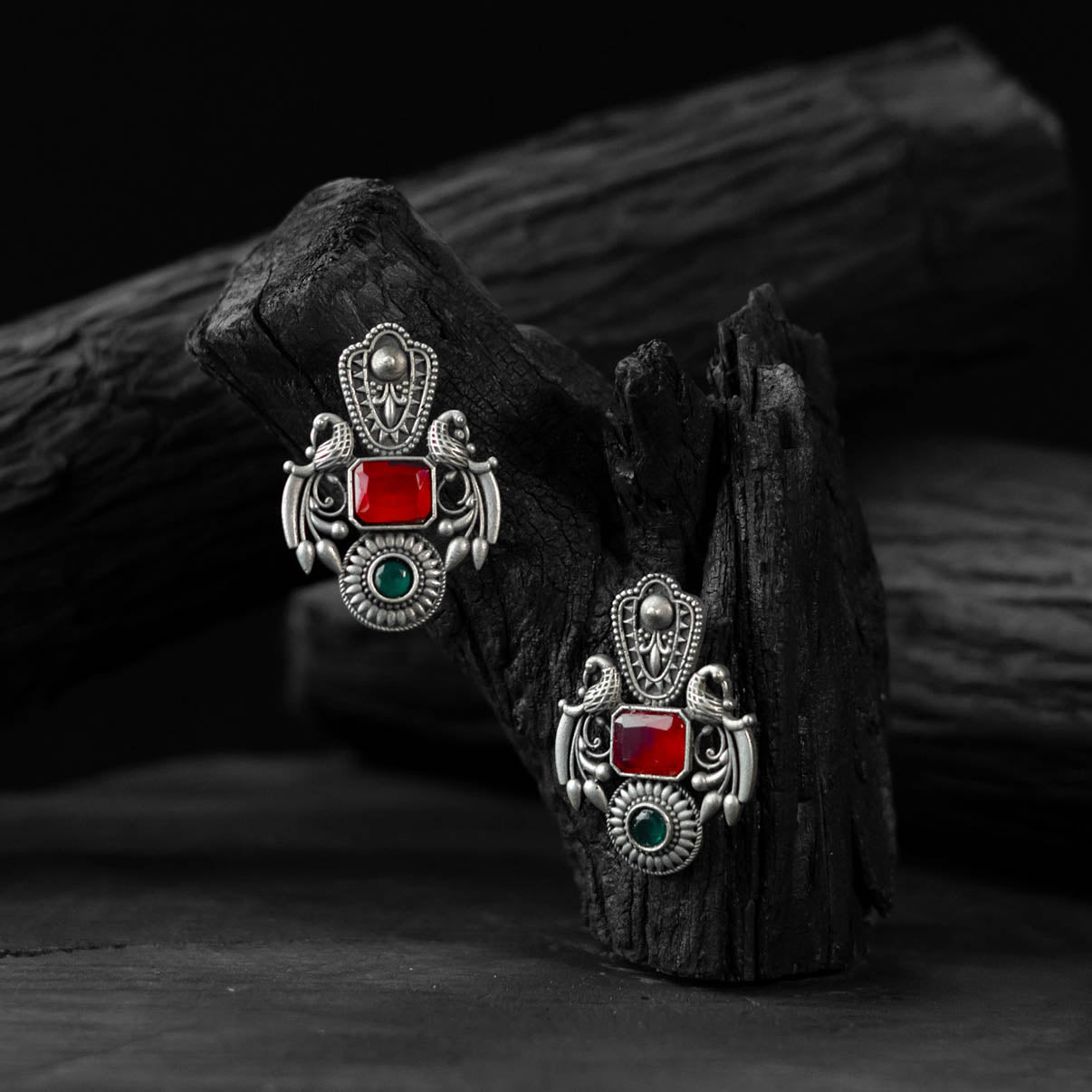 Saanjh Bela Red & Green Mayuri Oxidised Earrings