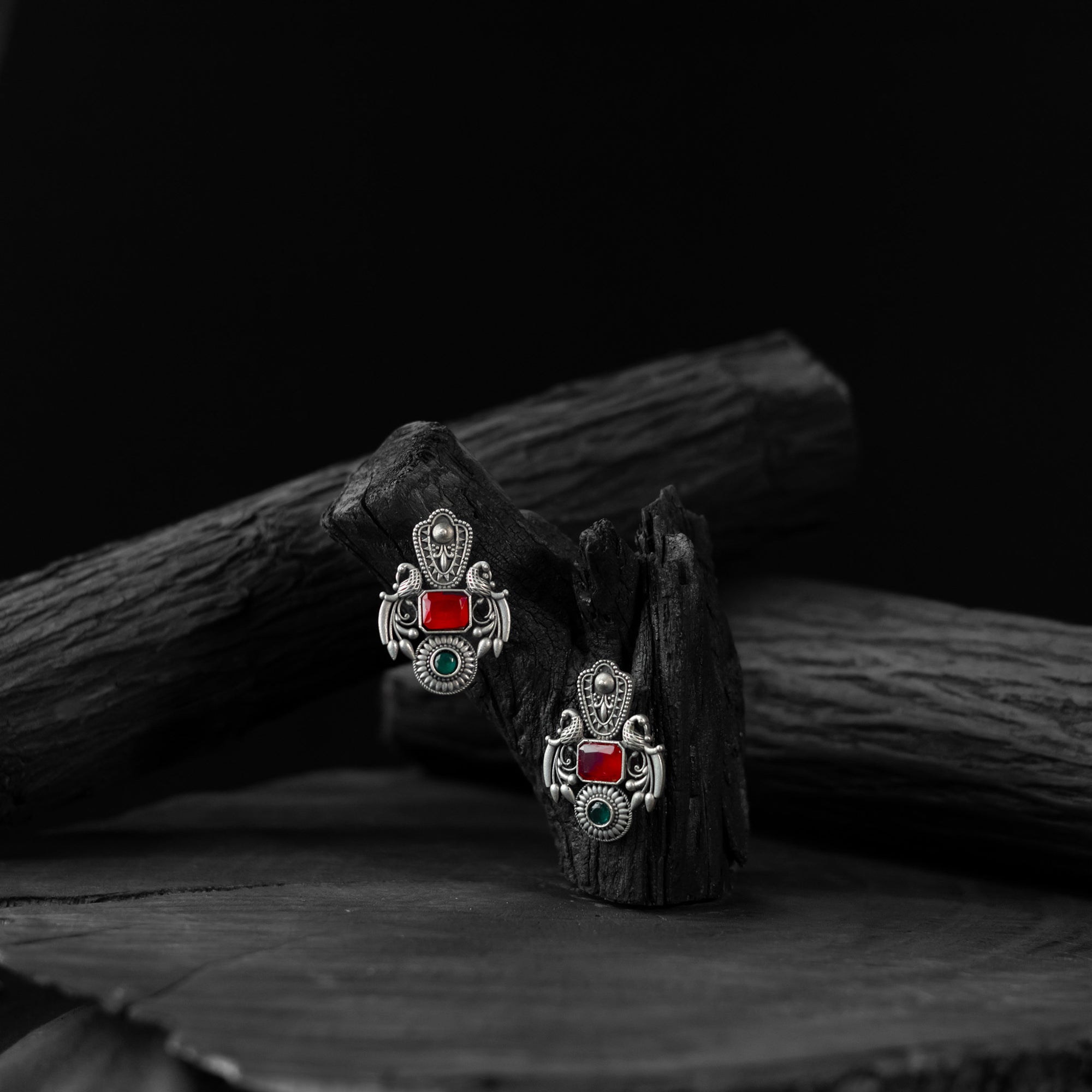 Saanjh Bela Red & Green Mayuri Oxidised Earrings