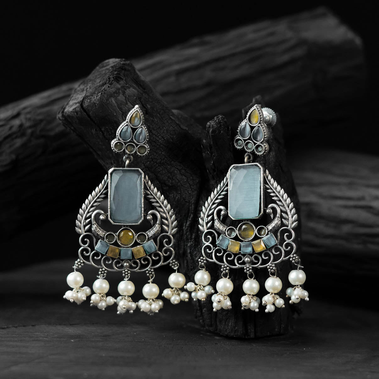 Sky Blue Swan Saanjh Bela Oxidised Earrings