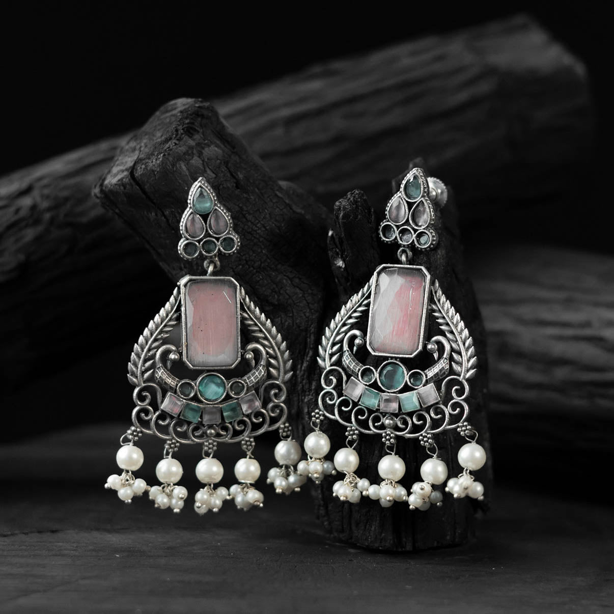 Pink & Green Swan Saanjh Bela Oxidised Earrings