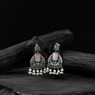 Pink & Green Swan Saanjh Bela Oxidised Earrings