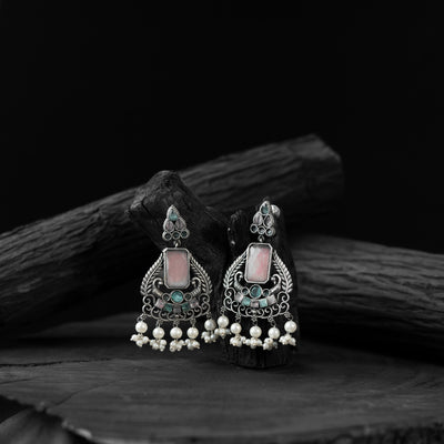 Pink & Green Swan Saanjh Bela Oxidised Earrings