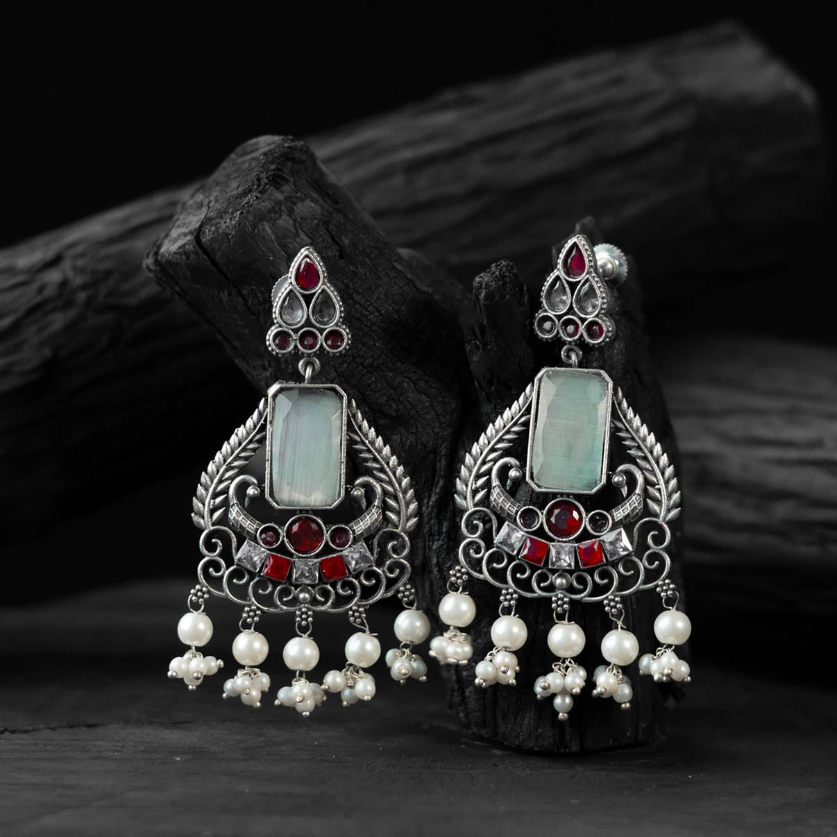 Red & Sky Blue Swan Saanjh Bela Oxidised Earrings