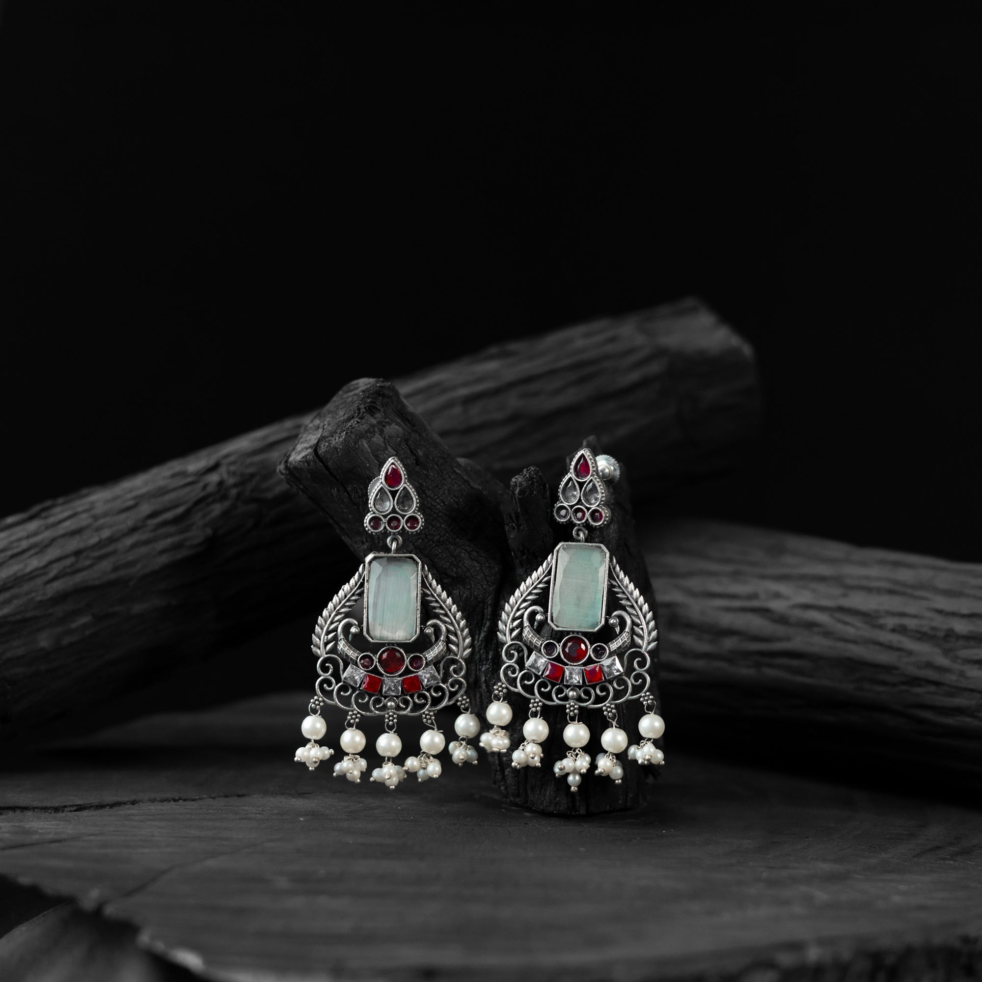 Red & Sky Blue Swan Saanjh Bela Oxidised Earrings
