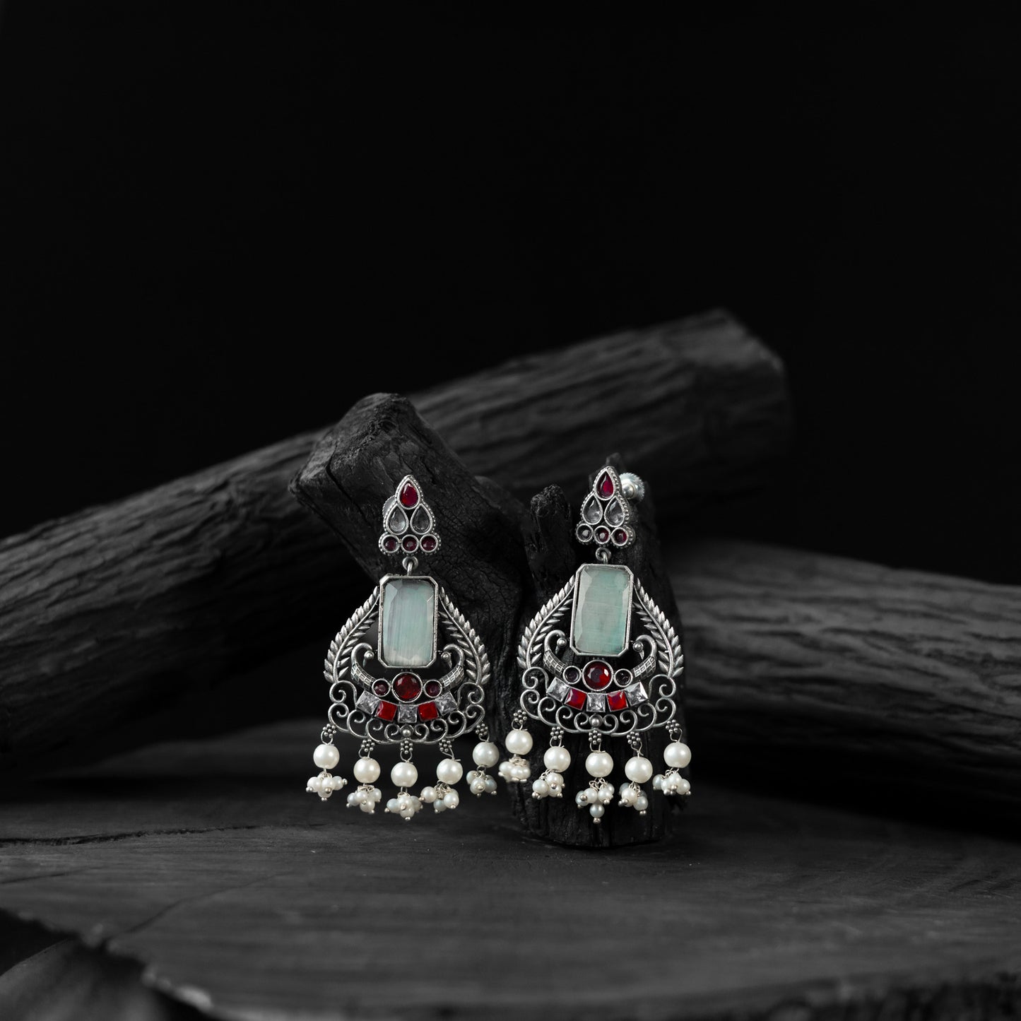 Red & Sky Blue Swan Saanjh Bela Oxidised Earrings