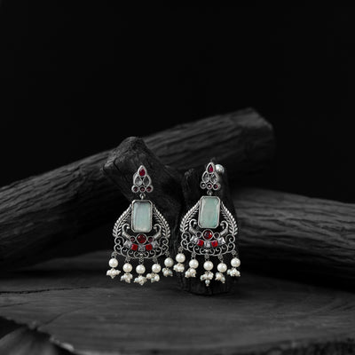 Red & Sky Blue Swan Saanjh Bela Oxidised Earrings