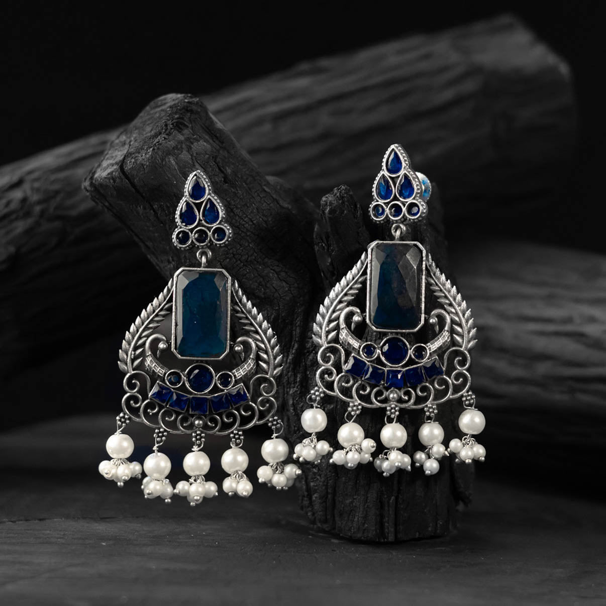 Saanjh Bela Blue Swan Oxidised Earrings