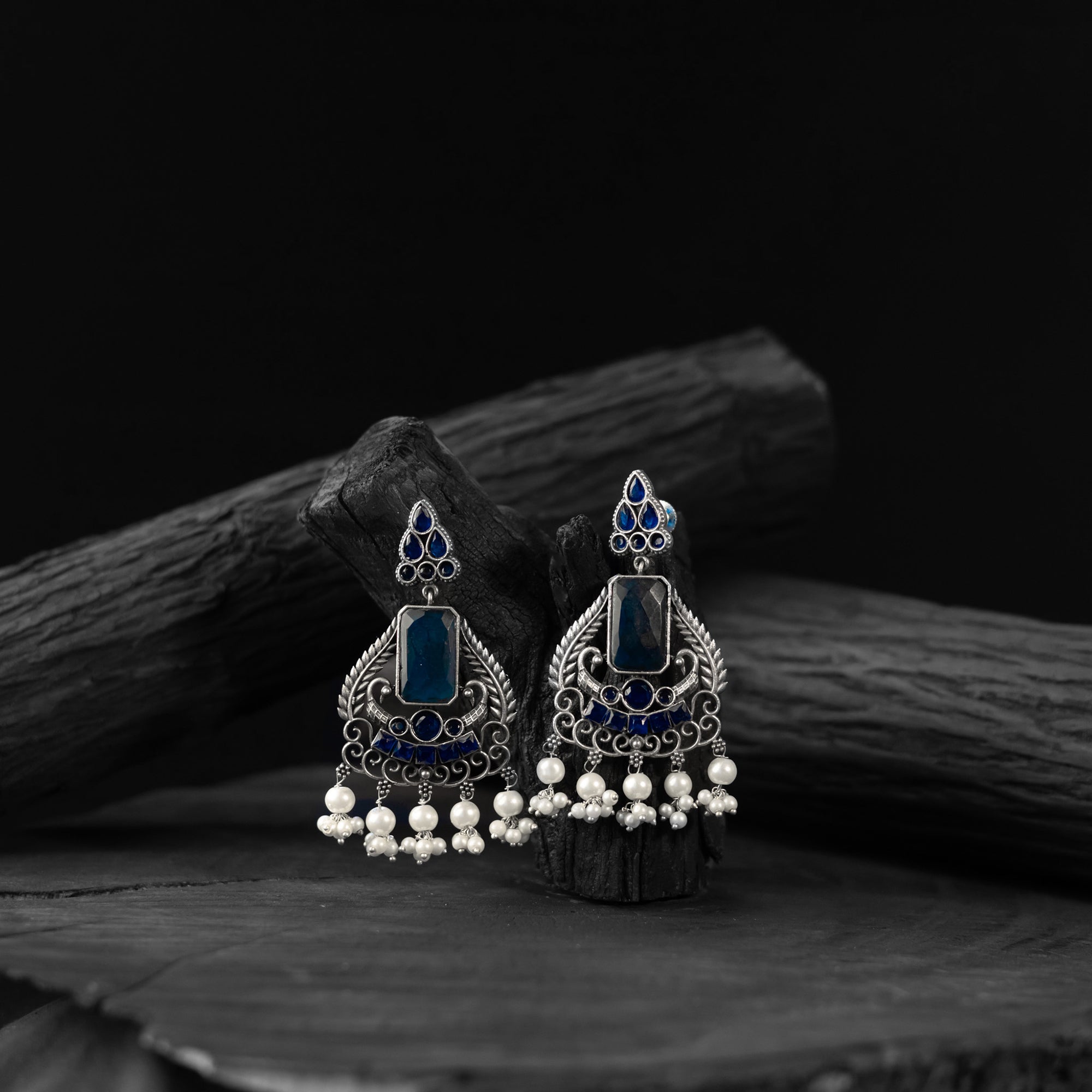 Saanjh Bela Blue Swan Oxidised Earrings