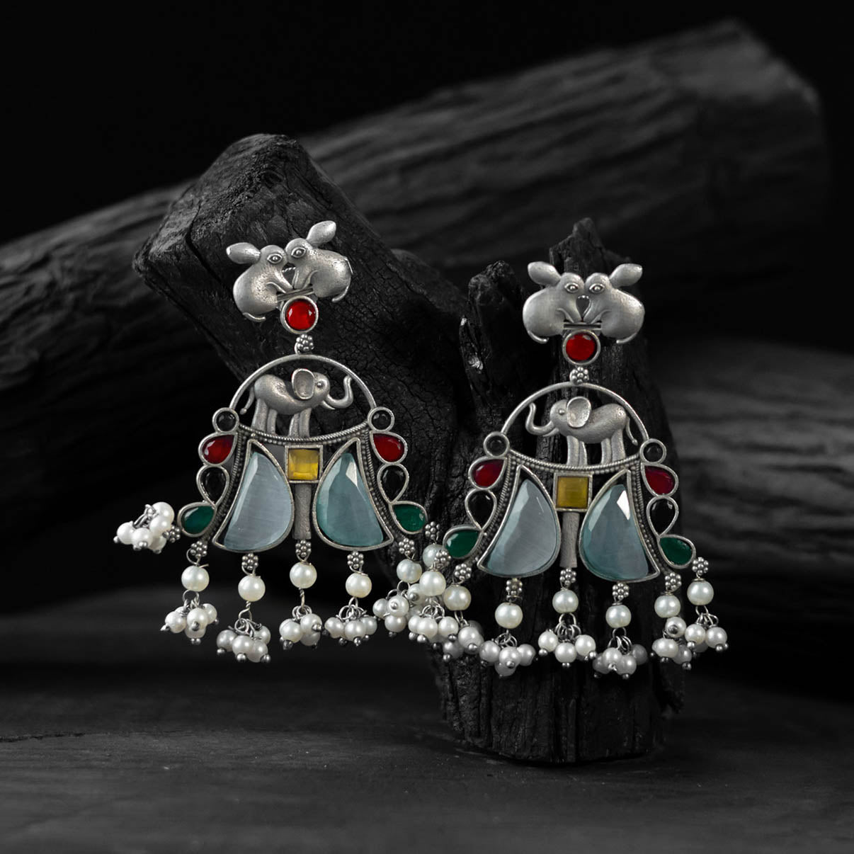 Saanjh Bela Multicolor Rabbit & Elephant Oxidised Earrings