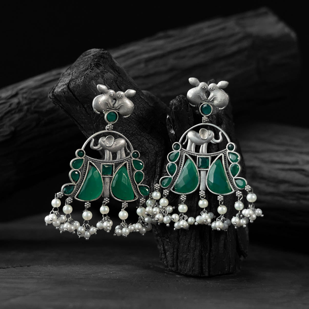 Saanjh Bela Green Rabbit & Elephant Oxidised Earrings
