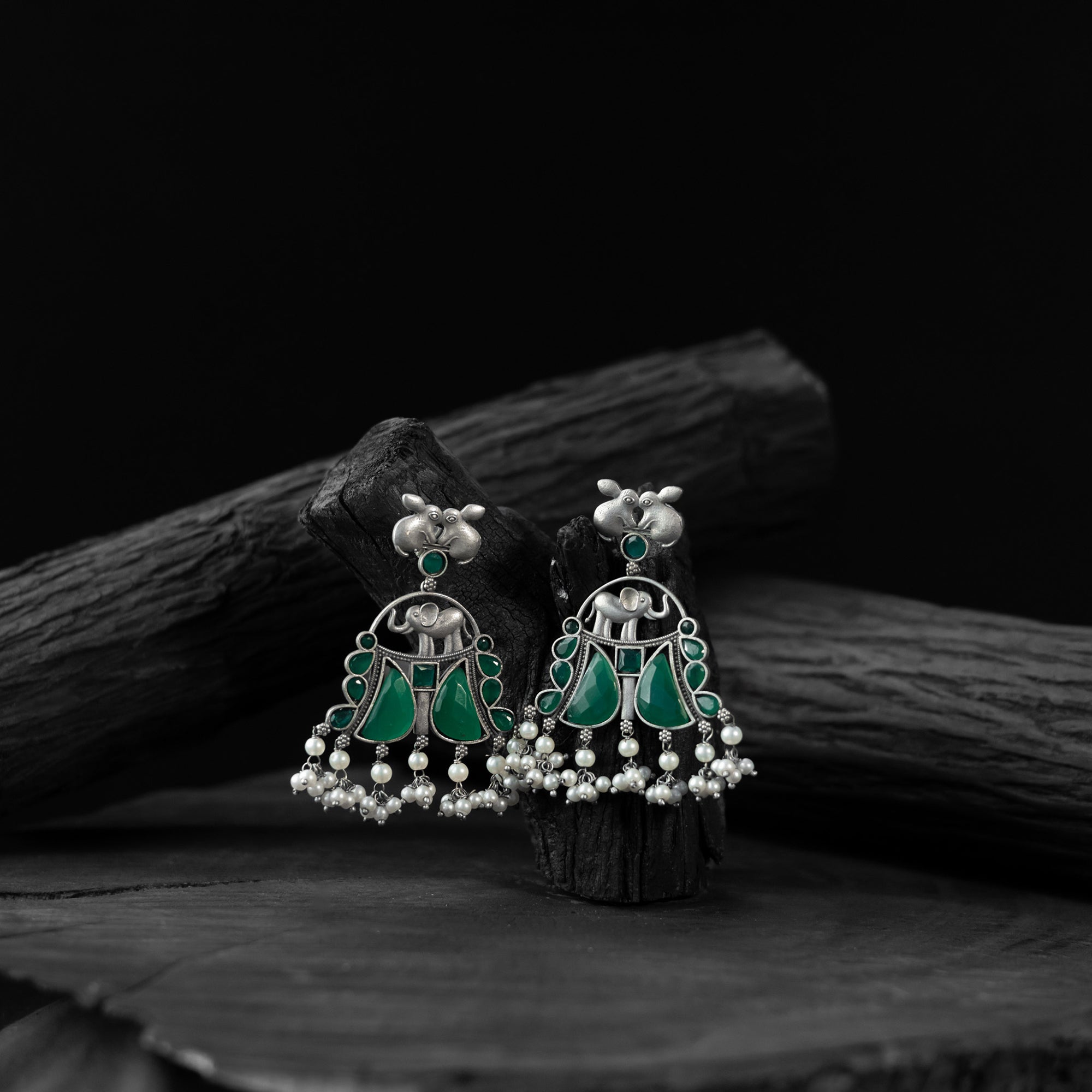 Saanjh Bela Green Rabbit & Elephant Oxidised Earrings