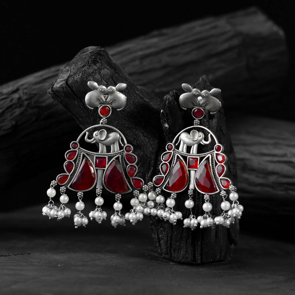 Saanjh Bela Ruby Rabbit & Elephant Oxidised Earrings