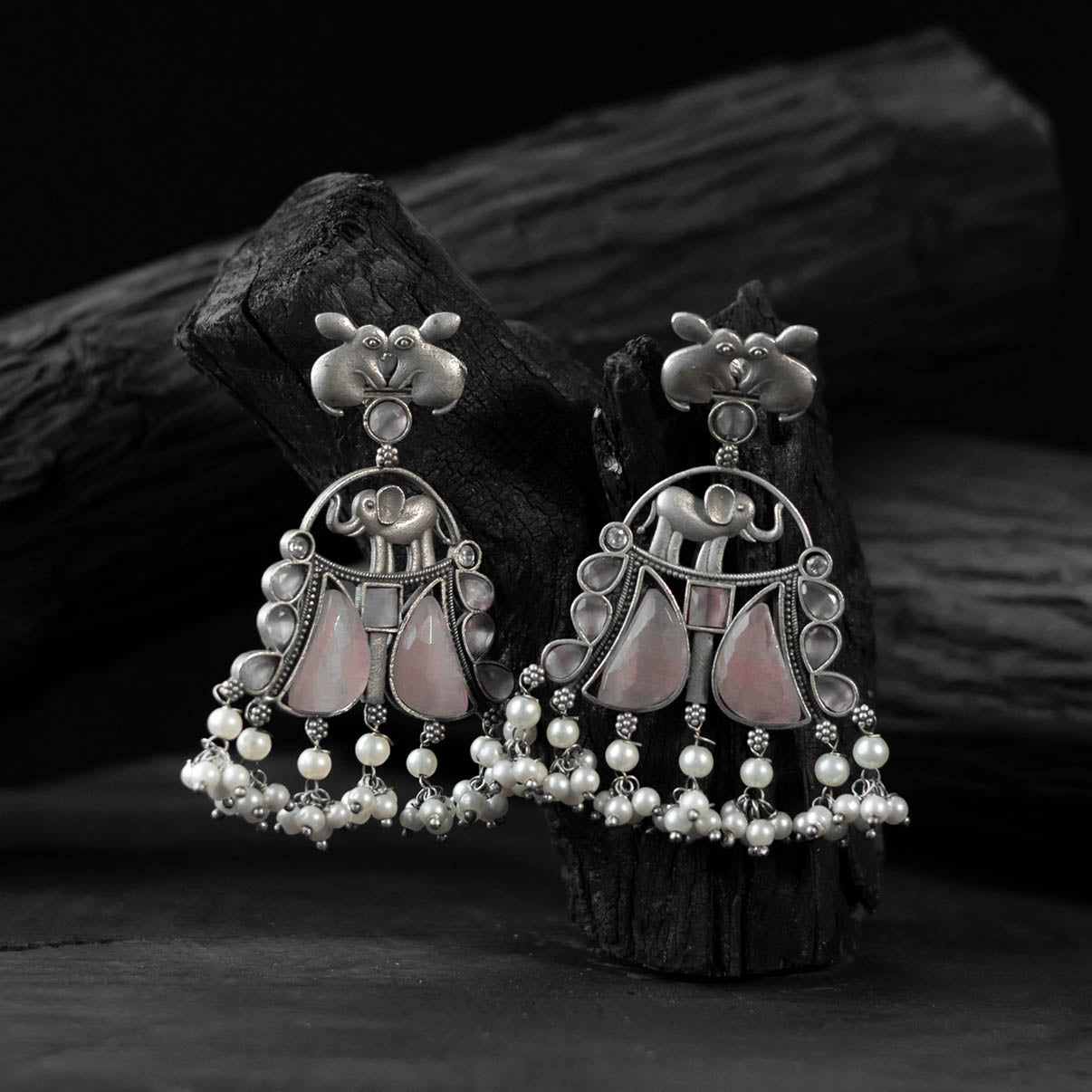 Saanjh Bela Pink Rabbit & Elephant Oxidised Earrings