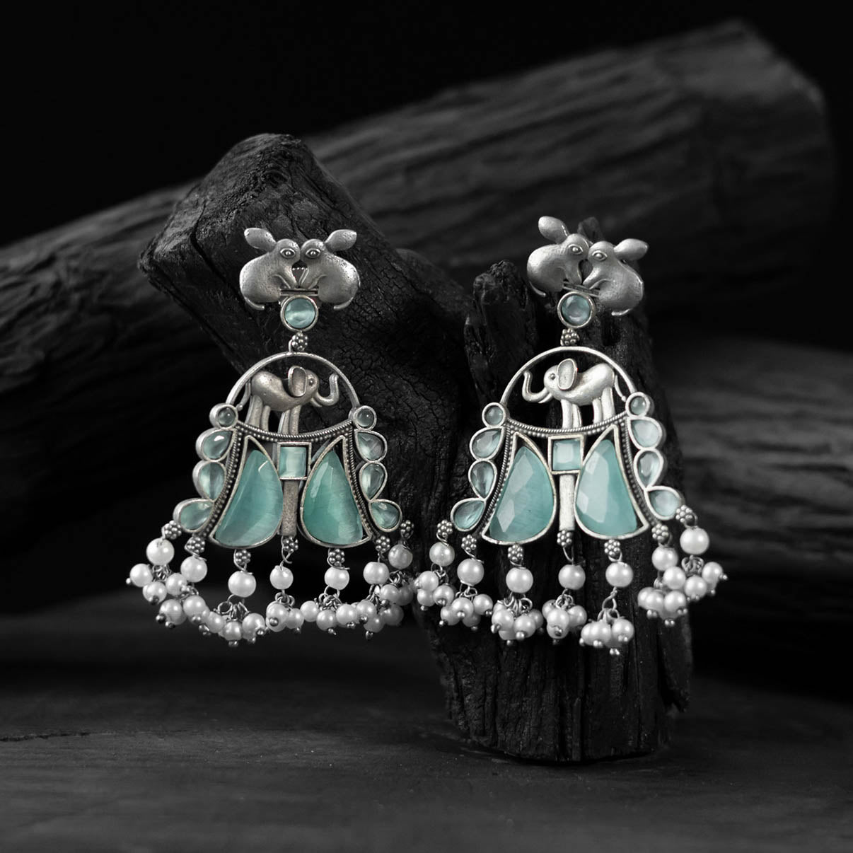 Saanjh Bela Mint Green Rabbit & Elephant Oxidised Earrings