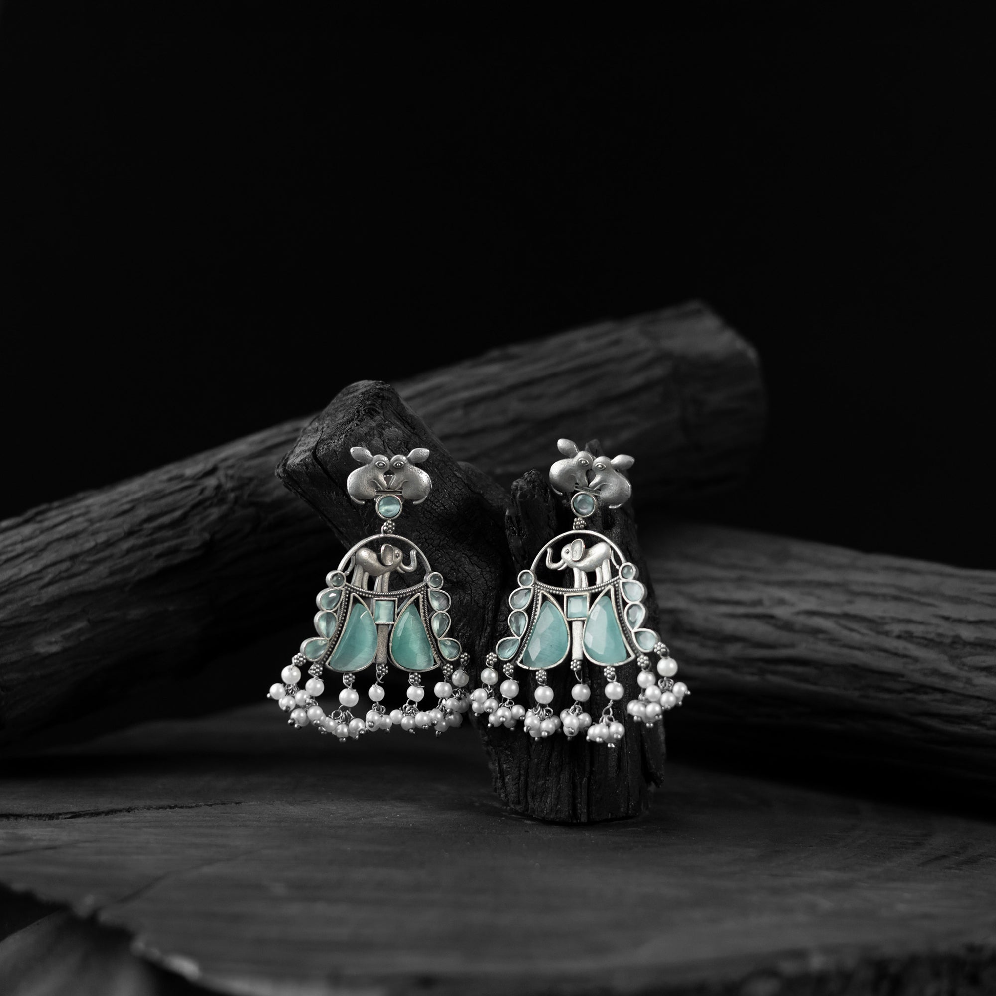 Saanjh Bela Mint Green Rabbit & Elephant Oxidised Earrings