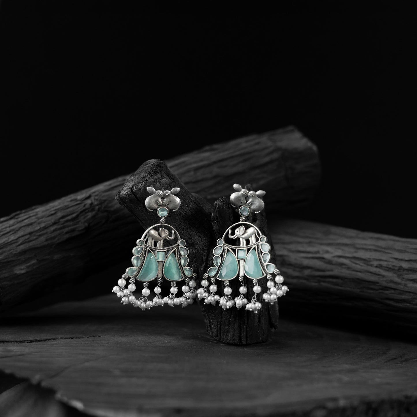 Saanjh Bela Mint Green Rabbit & Elephant Oxidised Earrings
