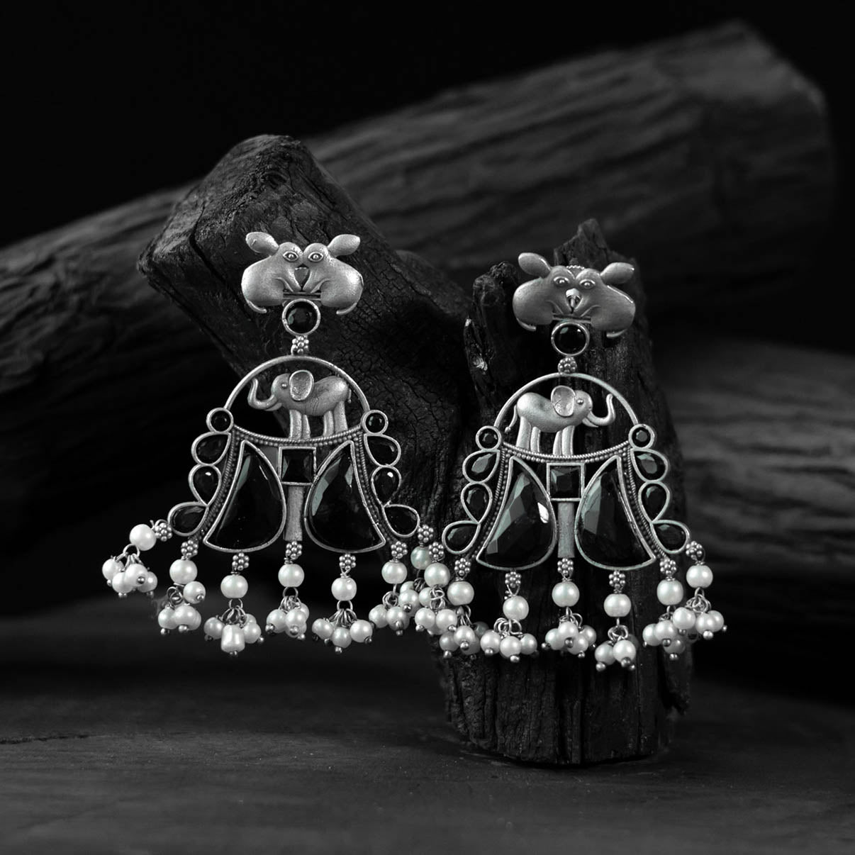 Saanjh Bela Black Rabbit & Elephant Oxidised Earrings