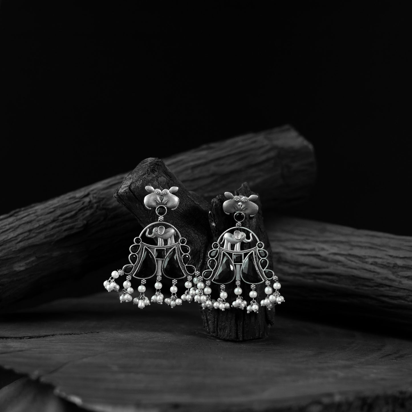 Saanjh Bela Black Rabbit & Elephant Oxidised Earrings