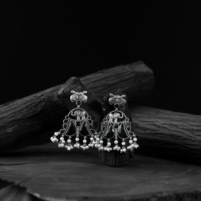 Saanjh Bela Black Rabbit & Elephant Oxidised Earrings