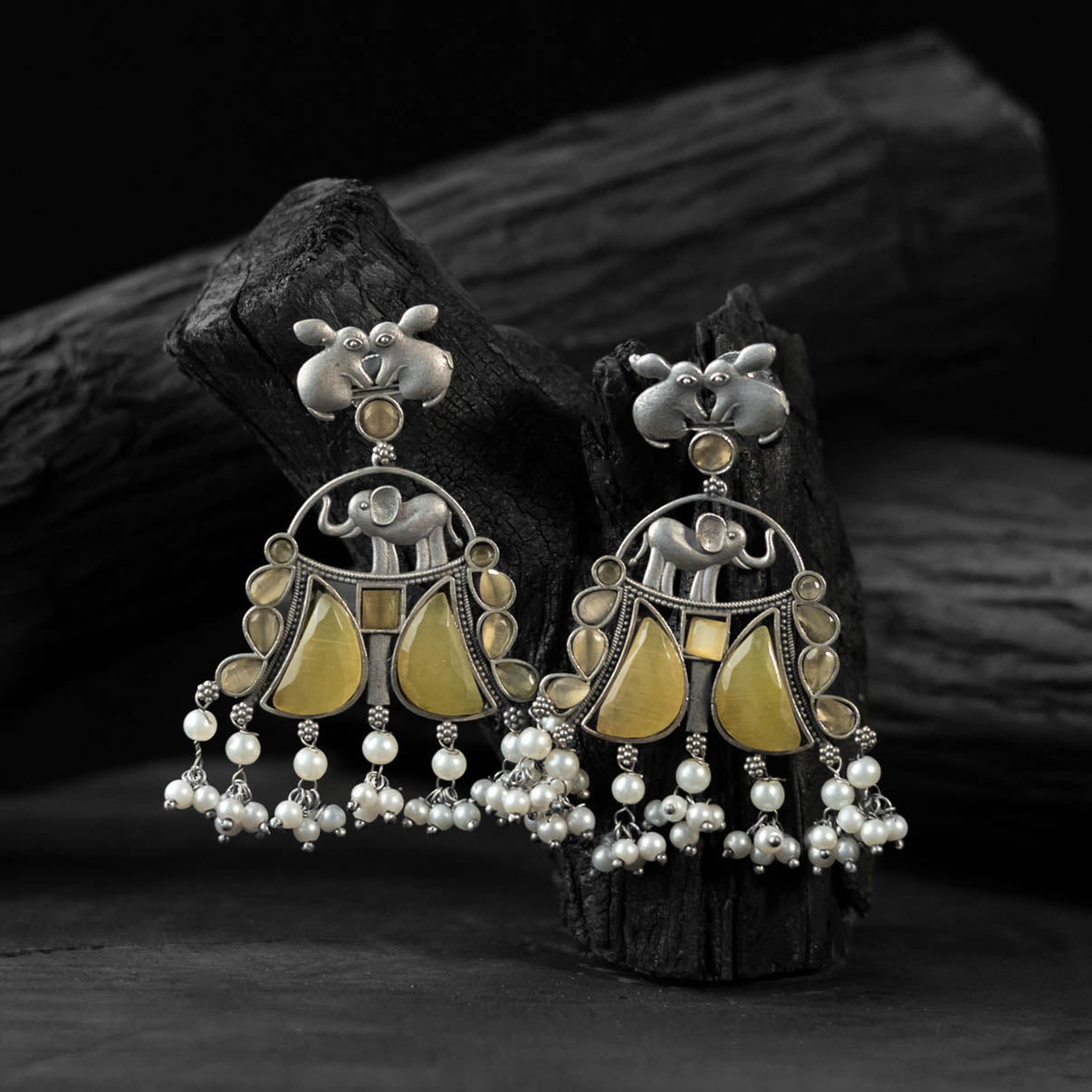 Saanjh Bela Yellow Rabbit & Elephant Oxidised Earrings