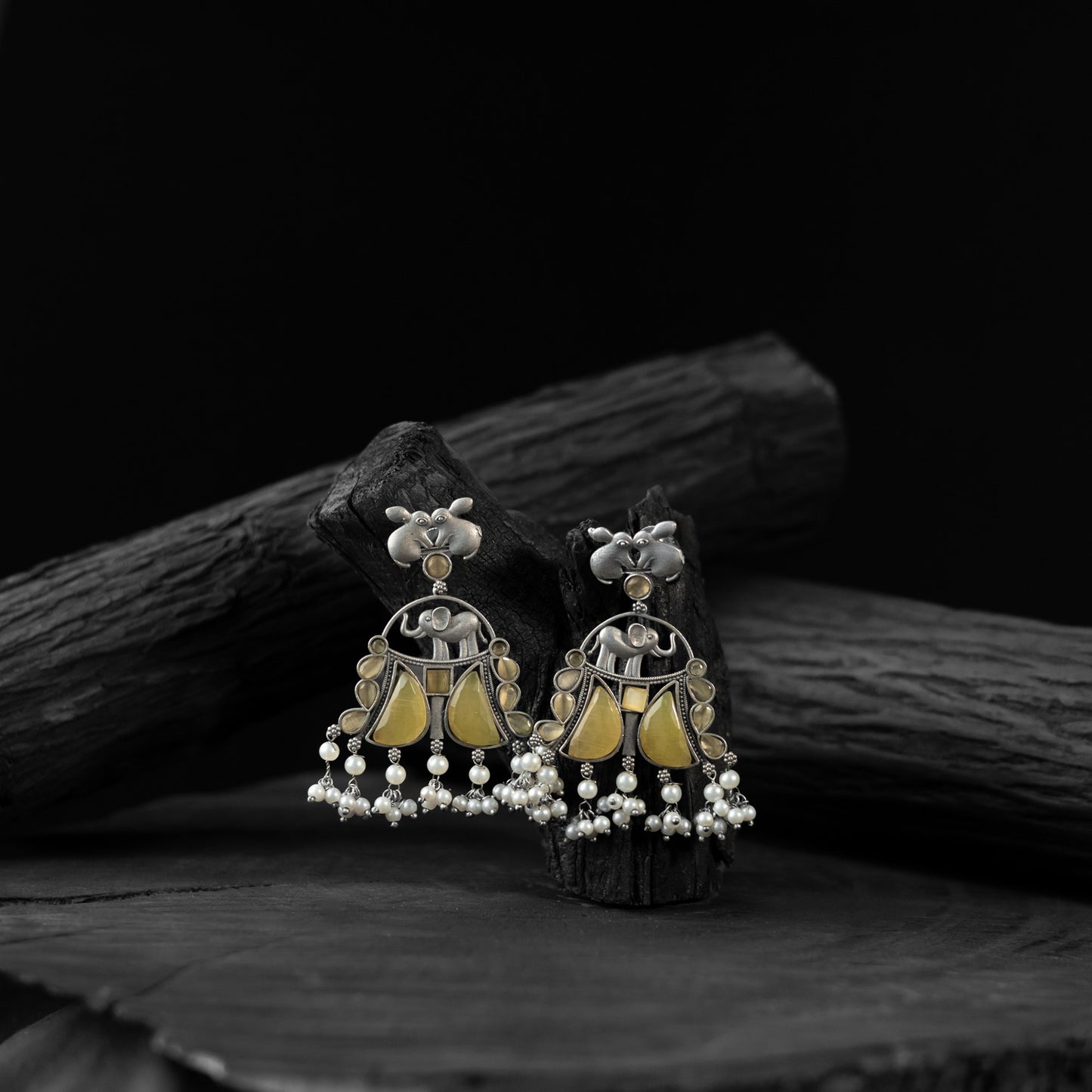 Saanjh Bela Yellow Rabbit & Elephant Oxidised Earrings