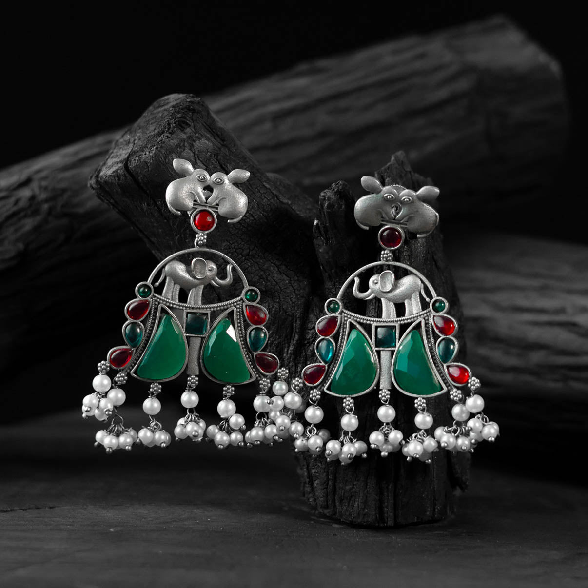 Saanjh Bela Red & Green Rabbit & Elephant Oxidised Earrings