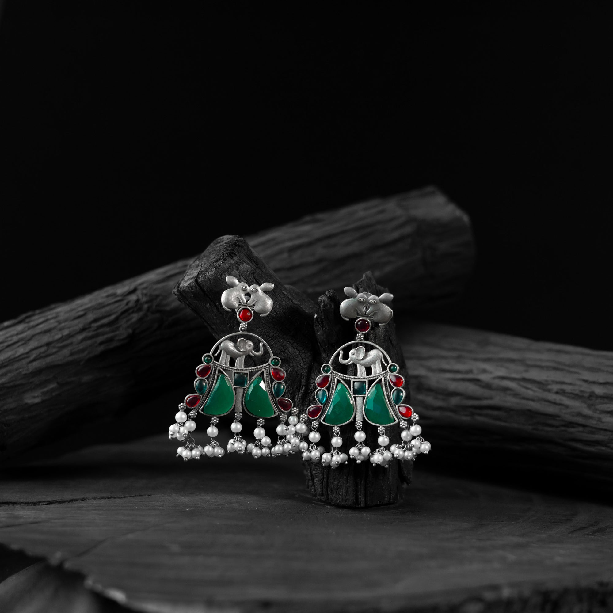 Saanjh Bela Red & Green Rabbit & Elephant Oxidised Earrings