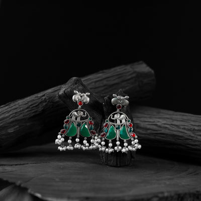 Saanjh Bela Red & Green Rabbit & Elephant Oxidised Earrings