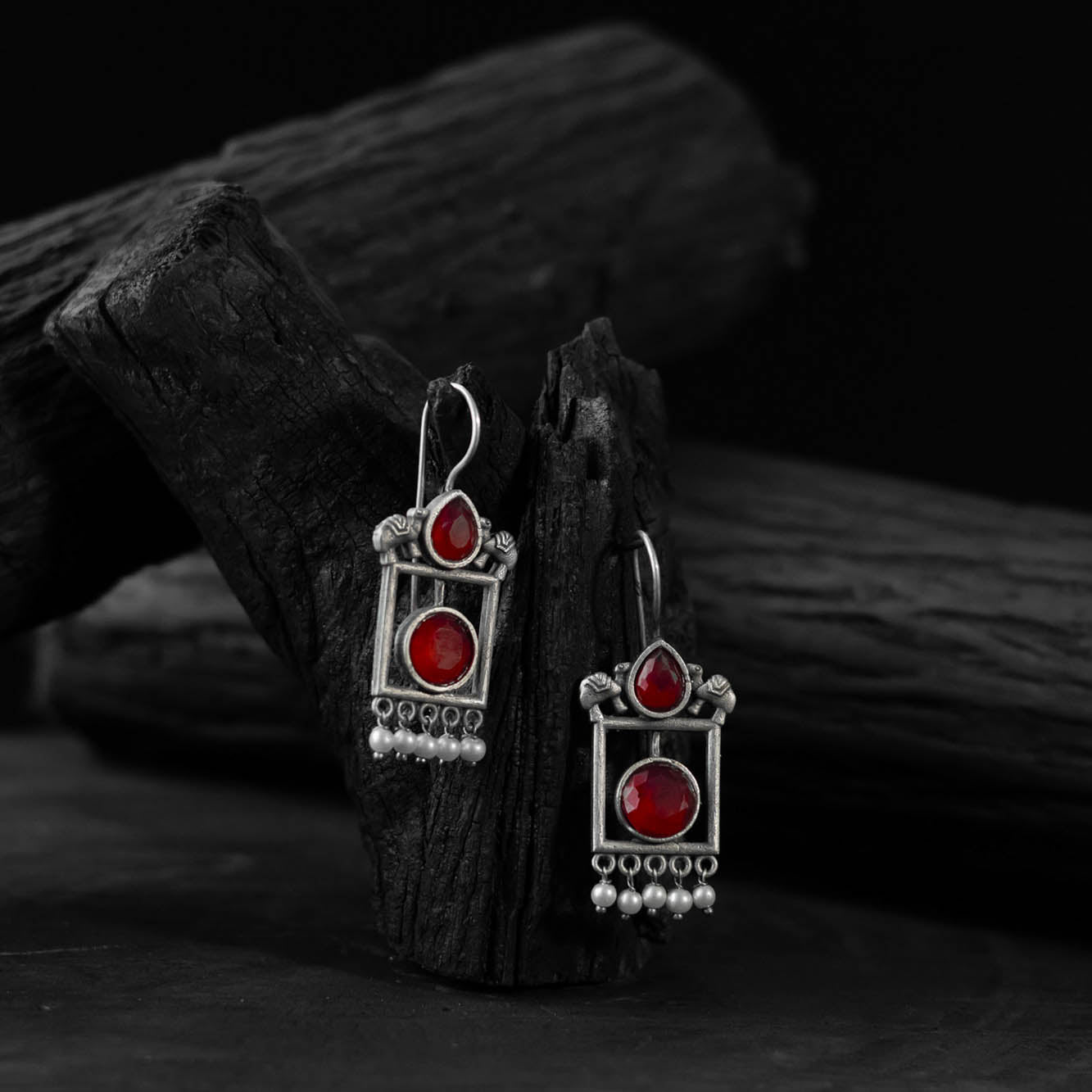 Saanjh Bela Red Camel Oxidised Earrings