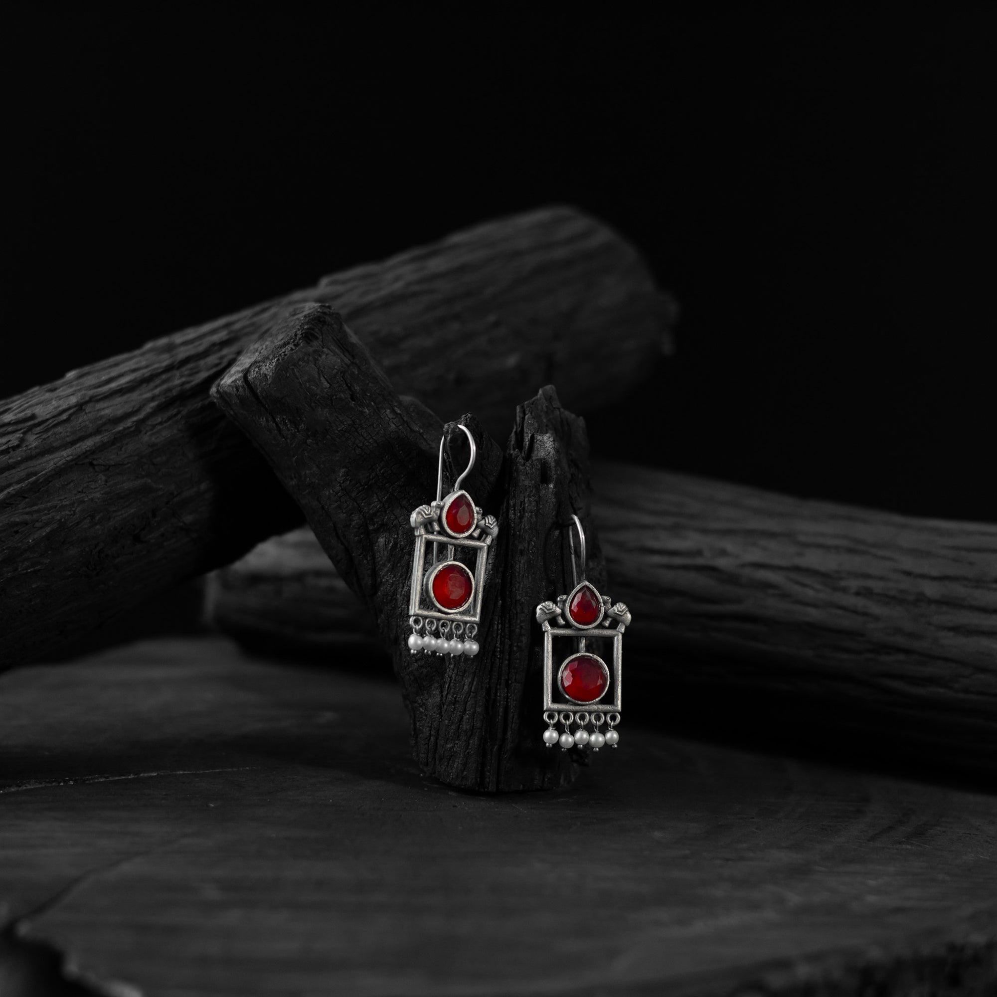 Saanjh Bela Red Camel Oxidised Earrings