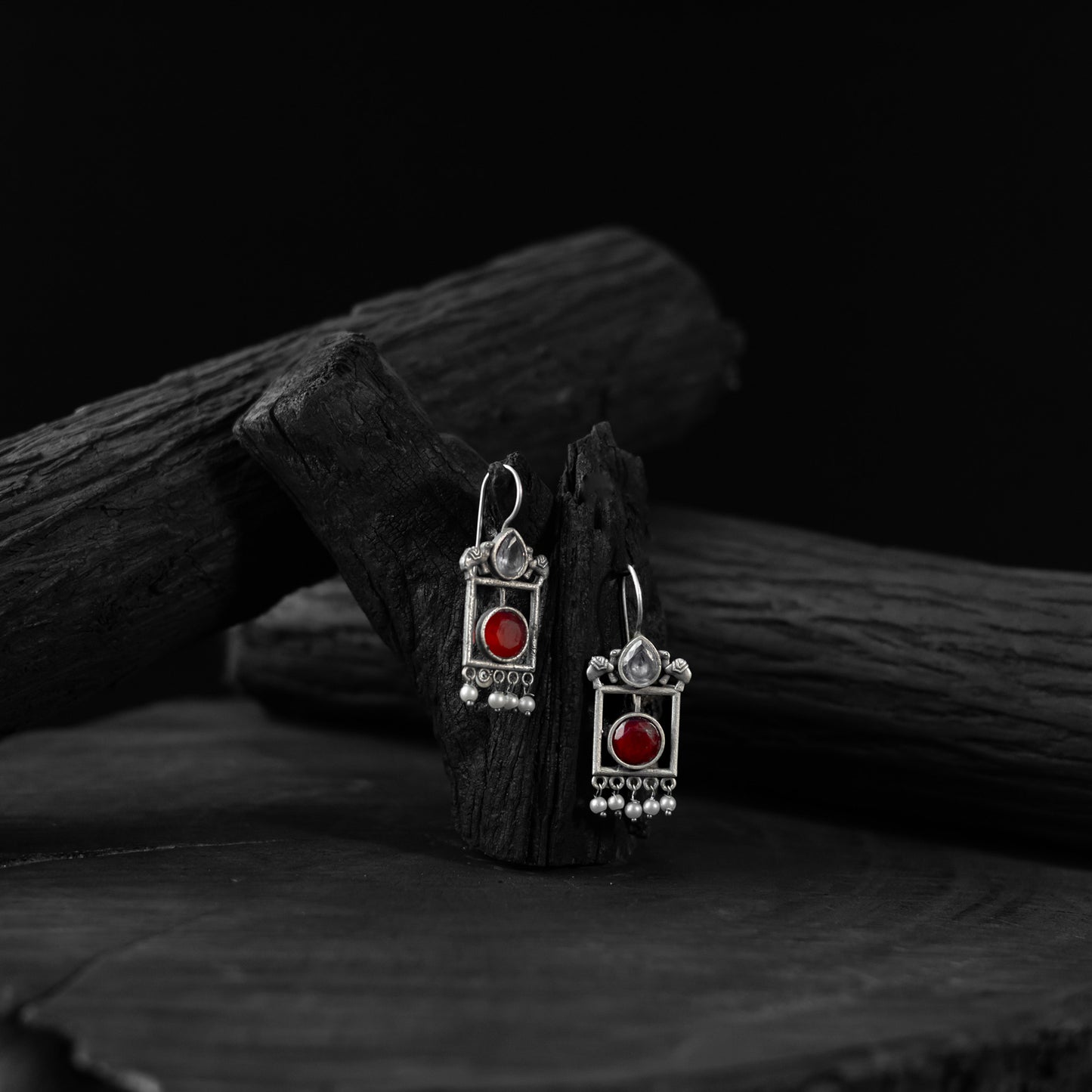Saanjh Bela Red & Light Gray Camel Oxidised Earrings