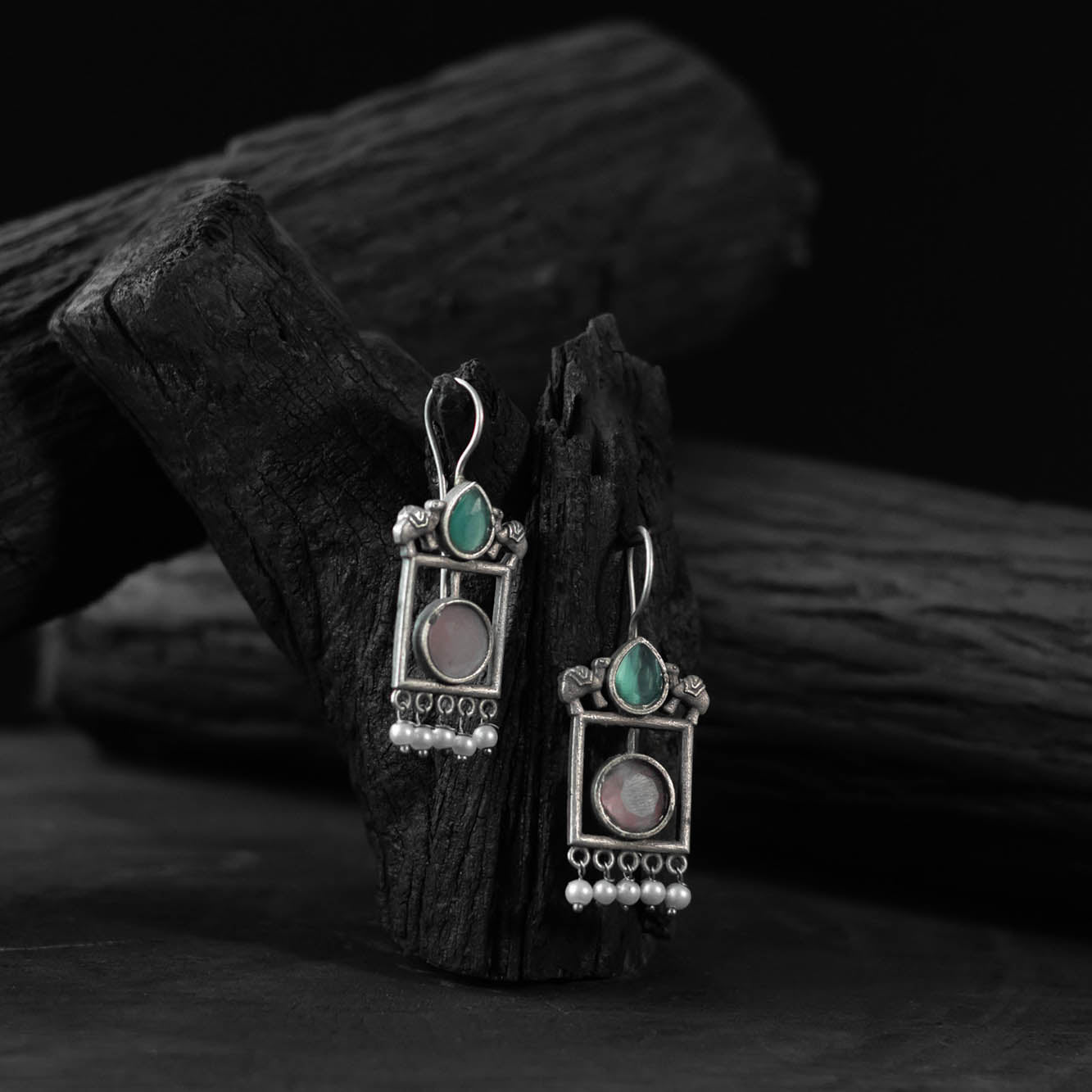 Saanjh Bela Soft Pink & Green Camel Oxidised Earrings