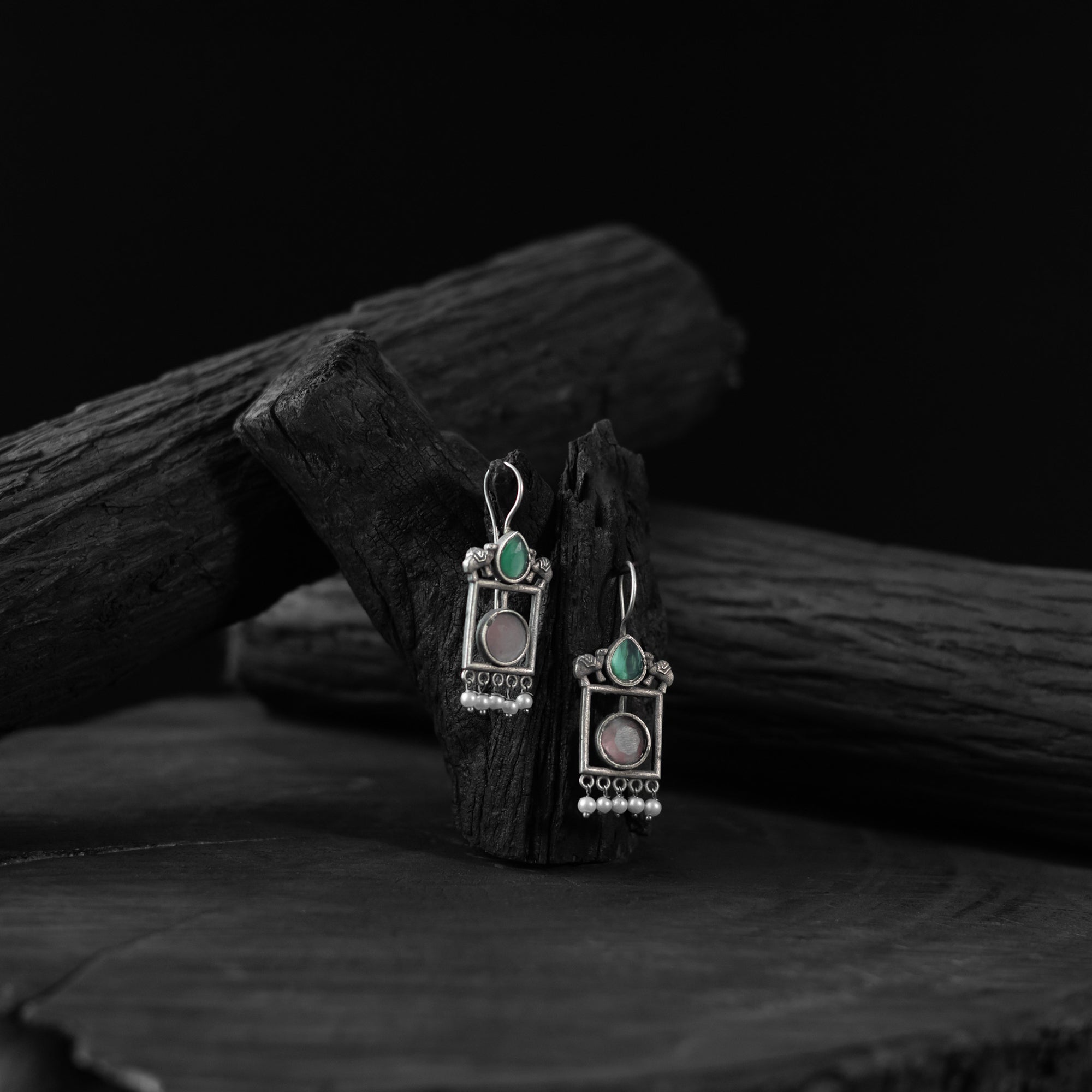 Saanjh Bela Pink & Green Camel Oxidised Earrings