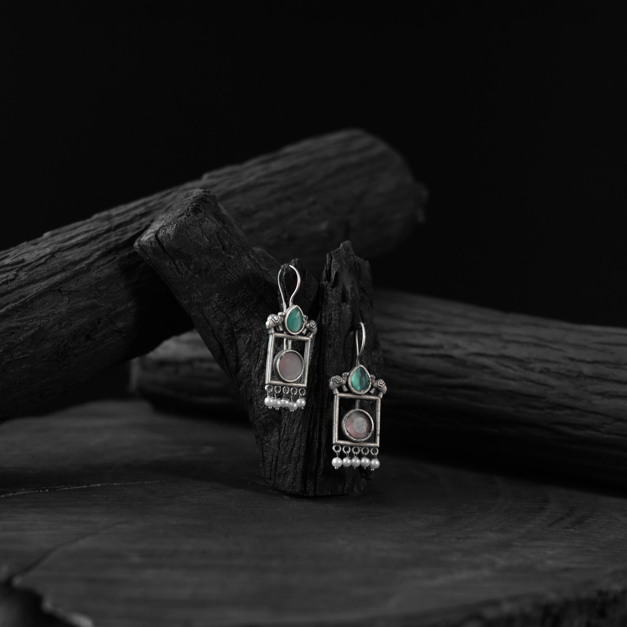 Saanjh Bela Soft Pink & Green Camel Oxidised Earrings